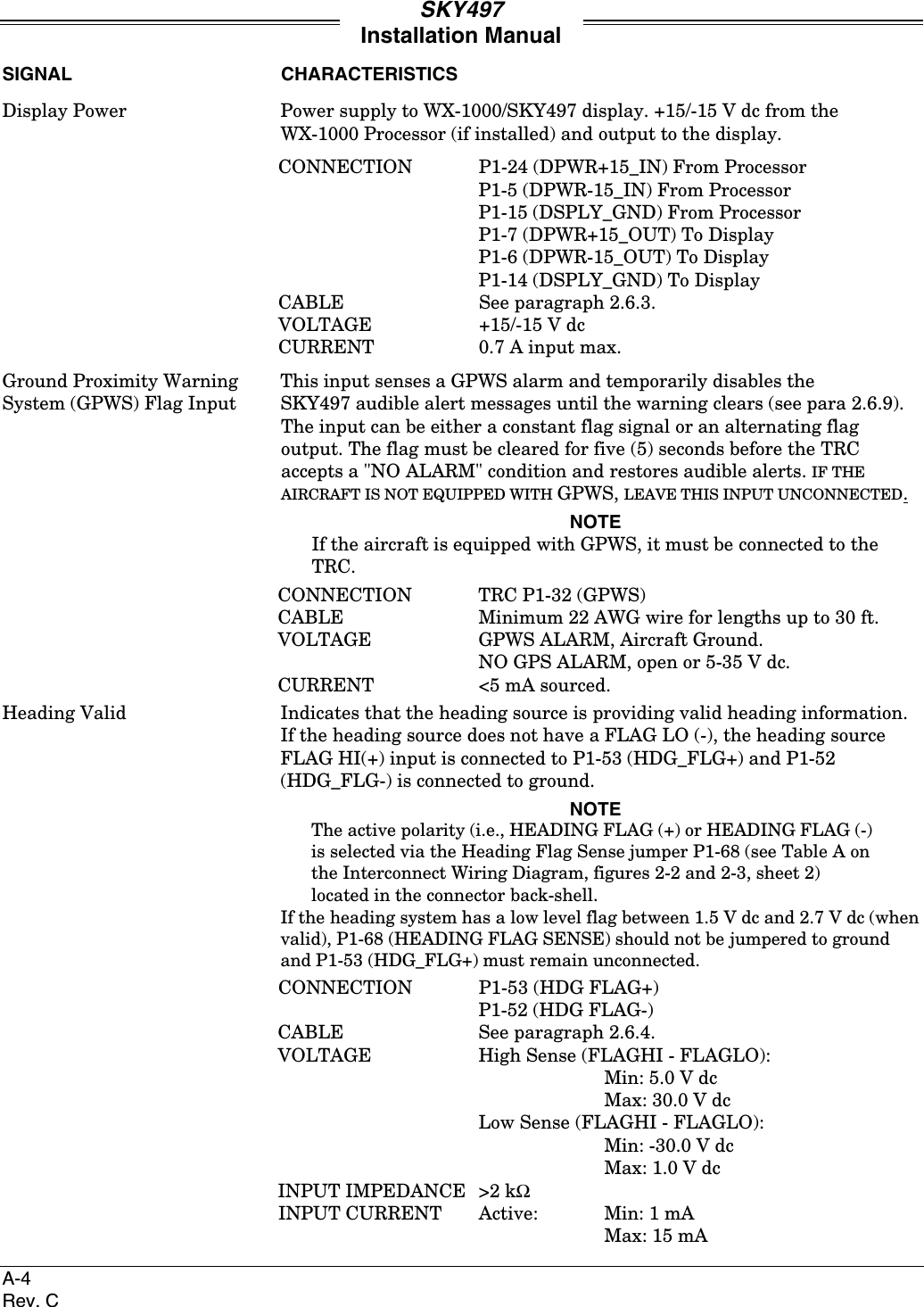 SKY497Installation ManualA-4Rev. CSIGNAL CHARACTERISTICSDisplay Power Power supply to WX-1000/SKY497 display. +15/-15 V dc from theWX-1000 Processor (if installed) and output to the display.CONNECTION P1-24 (DPWR+15_IN) From ProcessorP1-5 (DPWR-15_IN) From ProcessorP1-15 (DSPLY_GND) From ProcessorP1-7 (DPWR+15_OUT) To DisplayP1-6 (DPWR-15_OUT) To DisplayP1-14 (DSPLY_GND) To DisplayCABLE See paragraph 2.6.3.VOLTAGE +15/-15 V dcCURRENT 0.7 A input max.Ground Proximity Warning  This input senses a GPWS alarm and temporarily disables theSystem (GPWS) Flag Input SKY497 audible alert messages until the warning clears (see para 2.6.9).The input can be either a constant flag signal or an alternating flagoutput. The flag must be cleared for five (5) seconds before the TRCaccepts a &quot;NO ALARM&quot; condition and restores audible alerts. IF THEAIRCRAFT IS NOT EQUIPPED WITH GPWS, LEAVE THIS INPUT UNCONNECTED.NOTEIf the aircraft is equipped with GPWS, it must be connected to theTRC.CONNECTION TRC P1-32 (GPWS)CABLE Minimum 22 AWG wire for lengths up to 30 ft.VOLTAGE GPWS ALARM, Aircraft Ground.NO GPS ALARM, open or 5-35 V dc.CURRENT &lt;5 mA sourced.Heading Valid Indicates that the heading source is providing valid heading information.If the heading source does not have a FLAG LO (-), the heading sourceFLAG HI(+) input is connected to P1-53 (HDG_FLG+) and P1-52(HDG_FLG-) is connected to ground.NOTEThe active polarity (i.e., HEADING FLAG (+) or HEADING FLAG (-)is selected via the Heading Flag Sense jumper P1-68 (see Table A onthe Interconnect Wiring Diagram, figures 2-2 and 2-3, sheet 2)located in the connector back-shell.If the heading system has a low level flag between 1.5 V dc and 2.7 V dc (whenvalid), P1-68 (HEADING FLAG SENSE) should not be jumpered to groundand P1-53 (HDG_FLG+) must remain unconnected.CONNECTION P1-53 (HDG FLAG+)P1-52 (HDG FLAG-)CABLE See paragraph 2.6.4.VOLTAGE High Sense (FLAGHI - FLAGLO):Min: 5.0 V dcMax: 30.0 V dcLow Sense (FLAGHI - FLAGLO):Min: -30.0 V dcMax: 1.0 V dcINPUT IMPEDANCE &gt;2 kΩINPUT CURRENT Active: Min: 1 mAMax: 15 mA