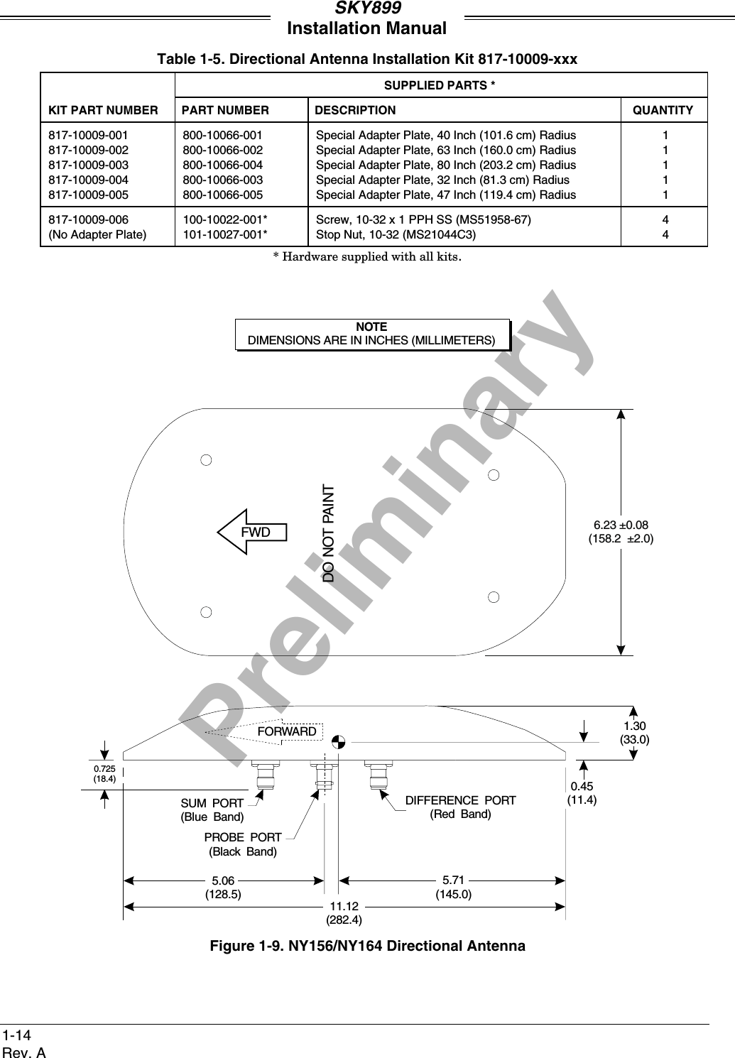 PreliminarySKY899Installation Manual1-14Rev. ATable 1-5. Directional Antenna Installation Kit 817-10009-xxxSUPPLIED PARTS *KIT PART NUMBER PART NUMBER DESCRIPTION QUANTITY817-10009-001 800-10066-001 Special Adapter Plate, 40 Inch (101.6 cm) Radius 1817-10009-002 800-10066-002 Special Adapter Plate, 63 Inch (160.0 cm) Radius 1817-10009-003 800-10066-004 Special Adapter Plate, 80 Inch (203.2 cm) Radius 1817-10009-004 800-10066-003 Special Adapter Plate, 32 Inch (81.3 cm) Radius 1817-10009-005 800-10066-005 Special Adapter Plate, 47 Inch (119.4 cm) Radius 1817-10009-006(No Adapter Plate)100-10022-001*101-10027-001*Screw, 10-32 x 1 PPH SS (MS51958-67)Stop Nut, 10-32 (MS21044C3)44* Hardware supplied with all kits.PROBE PORT(Black Band)5.06(128.5)11.12(282.4)5.71(145.0)SUM PORT(Blue Band)FORWARDDIFFERENCE PORT(Red Band)6.23 ±0.08(158.2  ±2.0)DO NOT PAINTFWD0.45(11.4)1.30(33.0)0.725(18.4)NOTEDIMENSIONS ARE IN INCHES (MILLIMETERS)Figure 1-9. NY156/NY164 Directional Antenna