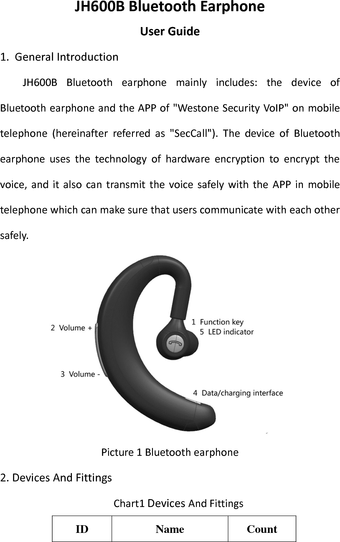 JH600B Bluetooth Earphone   User Guide 1. General Introduction   JH600B  Bluetooth  earphone  mainly  includes:  the  device  of Bluetooth earphone and the APP of "Westone Security VoIP" on mobile telephone  (hereinafter  referred  as  "SecCall").  The  device  of  Bluetooth earphone  uses  the  technology  of  hardware  encryption  to  encrypt  the voice,  and  it  also  can  transmit  the  voice  safely  with  the  APP  in  mobile telephone which can make sure that users communicate with each other safely.  Picture 1 Bluetooth earphone 2. Devices And Fittings   Chart1 Devices And Fittings ID Name Count 