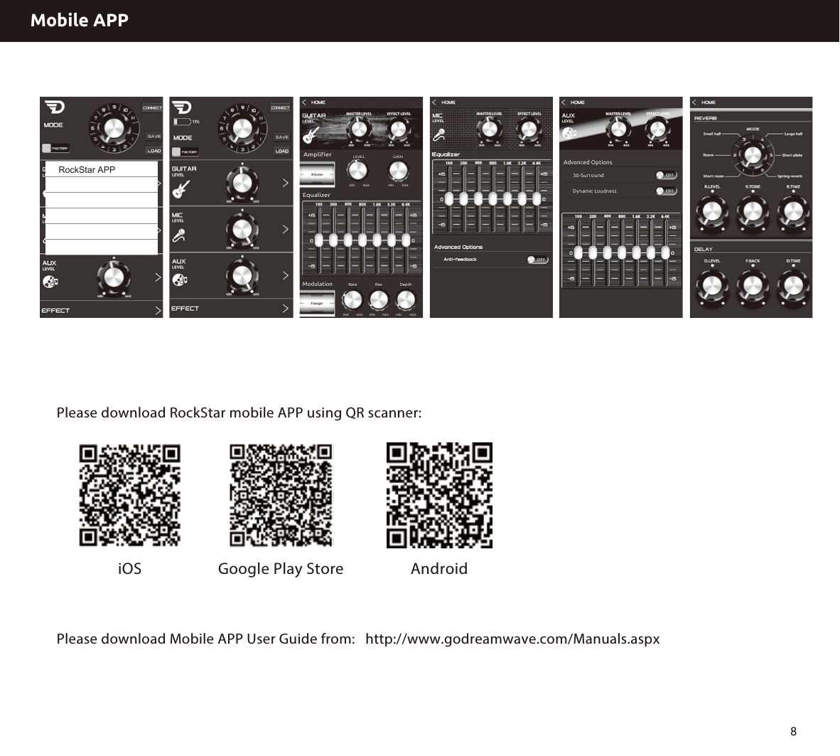 RockStar APPModulationEqualizerAmpliﬁerLEVEL GAINRateMINMIN MINMAXMAX MAXMAX MAXMIN MINRes DepthAdvonced Options30-SurroundDynamic LoudnessPlease download RockStar mobile APP using QR scanner: Please download Mobile APP User Guide from:   http://www.godreamwave.com/Manuals.aspxiOS Google Play Store8AndroidMobile APP