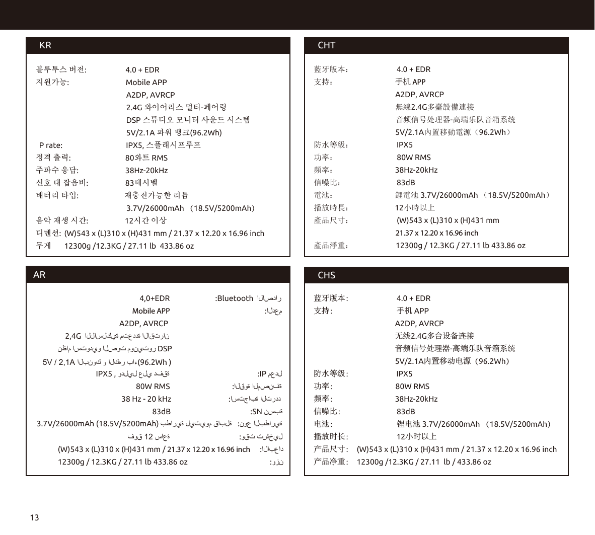 CHSCHT藍牙版本：                        4.0 + EDR支持：                               手机 APP                                        A2DP, AVRCP                                       無線2.4G多臺設備連接                                       音频信号处理器-高端乐队音箱系统                                       5V/2.1A內置移動電源（96.2Wh）防水等級：                        IPX5功率：                                80W RMS頻率：                               38Hz-20kHz信噪比：                        83dB電池：                               鋰電池 3.7V/26000mAh （18.5V/5200mAh） 播放時長：                       12小時以上產品尺寸：                        (W)543 x (L)310 x (H)431 mm                                             21.37 x 12.20 x 16.96 inch產品淨重：             12300g / 12.3KG / 27.11 lb 433.86 ozKR블루투스 버전:                    4.0 + EDR지원가능:                            Mobile APP                                            A2DP, AVRCP                                              2.4G 와이어리스 멀티-페어링                                            DSP 스튜디오 모니터 사운드 시스템                                            5V/2.1A 파워 뱅크(96.2Wh)  P rate:                                   IPX5, 스플래시프루프정격 출력:                           80와트 RMS주파수 응답:                        38Hz-20kHz신호 대 잡음비:                    83데시벨배터리 타입:                         재충전가능한 리튬                                                  3.7V/26000mAh （18.5V/5200mAh）음악 재생 시간:                    12시간 이상디멘션:  (W)543 x (L)310 x (H)431 mm / 21.37 x 12.20 x 16.96 inch무게  12300g /12.3KG / 27.11 lb  433.86 ozAR蓝牙版本：                        4.0 + EDR支持：                          手机 APP                                 A2DP, AVRCP                                  无线2.4G多台设备连接                                 音频信号处理器-高端乐队音箱系统                                 5V/2.1A内置移动电源（96.2Wh）防水等级：                  IPX5功率：                                80W RMS频率：                               38Hz-20kHz信噪比：                        83dB电池：                                锂电池 3.7V/26000mAh （18.5V/5200mAh） 播放时长：                  12小时以上产品尺寸：  (W)543 x (L)310 x (H)431 mm / 21.37 x 12.20 x 16.96 inch产品净重：  12300g /12.3KG / 27.11  lb / 433.86 oz                                             4,0+EDR                         :Bluetooth  ﺍﻝﺍﺹﺩﺍﺭ                                                   Mobile APP                                                    :ﺍﻝﺩﻉﻡ                            A2DP, AVRCP      2,4G  ﺍﻝﻝﺍﺱﻝﻙﻱﺓ ﻡﺕﻉﺩﺩﺓ ﺍﻝﺍﻕﺕﺭﺍﻥ      ﻥﻅﺍﻡ ﺍﺱﺕﻭﺩﻱﻭ ﺍﻝﺹﻭﺕ ﻡﻭﻥﻱﺕﻭﺭ DSP                        IPX5 , ﻭﺩﻝﻱﻝ ﻉﻝﻱ ﺩﻑﻕﺓ                                                 :IP ﻡﻉﺩﻝ                                           80W RMS                                  :ﺍﻝﻕﻭﺓ ﺍﻝﻡﺹﻥﻑﺓ                                   38 Hz - 20 kHz                                :ﺍﺱﺕﺝﺍﺏﺓ ﺍﻝﺕﺭﺩﺩ                                                    83dB                                            :SN ﻥﺱﺏﺓ                                 ﻑﻭﻕ 12 ﺱﺍﻉﺓ                                :ﻭﻕﺕ ﺕﺵﺥﻱﻝ(W)543 x (L)310 x (H)431 mm / 21.37 x 12.20 x 16.96 inch  :ﺍﻝﺍﺏﻉﺍﺩ 12300g / 12.3KG / 27.11 lb 433.86 oz                                        :ﻭﺯﻥ5V / 2,1A ﺍﻝﺏﻥﻭﻙ ﻭ ﺍﻝﻙﻩﺭ ﺏﺍء(96.2Wh )3.7V/26000mAh (18.5V/5200mAh) ﺏﻁﺍﺭﻱﺓ ﻝﻱﺙﻱﻭﻡ ﻕﺍﺏﻝﺓ   :ﻥﻭﻉ ﺍﻝﺏﻁﺍﺭﻱﺓ13
