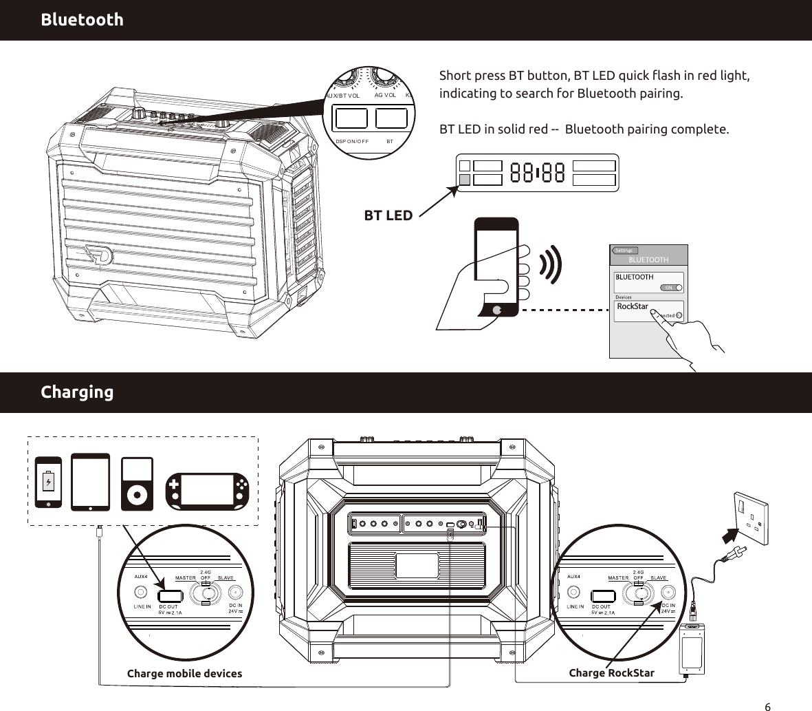 RockStarBluetoothCharging6 Charge RockStarCharge mobile devicesBT LEDKB/BA S S VOLAG V OL DRUM /LI NE VO LBT 2 .4 G /PA IRDSP MOD E MASTER VOL DSP O N /O F FAU X/BT VOLP OWE RShort press BT button, BT LED quick ﬂash in red light, indicating to search for Bluetooth pairing.BT LED in solid red --  Bluetooth pairing complete. 