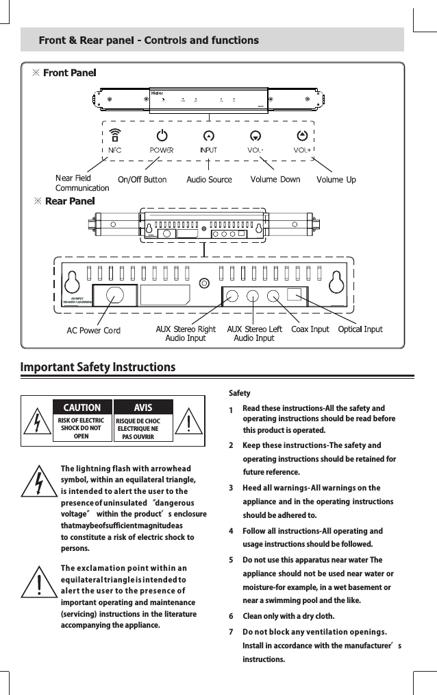 CAUTIONRISKOFELECTRICSHOCKDONOTOPENAVISRISQUEDECHOCELECTRIQUENEPASOUVRIRImportantSafetyInstructionsThelightningflashwitharrowheadsymbol,withinanequilateraltriangle,is intendedto alert theuserto thepresenceofuninsulated“dangerousvoltage”withintheproduct’senclosurethatmaybeofsufficientmagnitudeastoconstituteariskofelectricshocktopersons.The exclamationpoint withinanequilateraltriangleisintendedtoalerttheuserto the presenceofimportantoperatingandmaintenance(servicing) instructionsintheliteratureaccompanyingtheappliance.Safety1operatinginstructionsshouldbereadbeforethisproductisoperated.2 Keeptheseinstructions-Thesafetyandoperatinginstructionsshouldberetainedforfuturereference.3 Heedallwarnings-Allwarningsontheapplianceandintheoperatinginstructionsshouldbeadheredto.4 Followallinstructions-Alloperatingandusageinstructionsshouldbefollowed.5 DonotusethisapparatusnearwaterTheapplianceshouldnotbeusednearwaterormoisture-forexample,inawetbasementornearaswimmingpoolandthelike.6 Cleanonlywithadrycloth.7 Do notblockanyventilationopenings.Installinaccordancewiththemanufacturer’sinstructions.Readtheseinstructions-Allthesafetyand