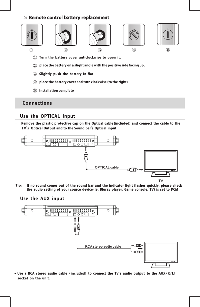 Use a RCA stereo audio cable ( included) to connect the TV s audio output to the AUX (RL) socket on the unit.’RCA st e reo audio ca b leOPT I CAL ca bleRemovetheplasticprotectivecapontheOpticalcable(included)andconnectthecabletotheT V’s Optical Output and to the Sound bar’s OpticalinputIfnosoundcomesoutofthesoundbarandtheindicatorlightflashesquickly,pleasechecktheaudiosettingofyoursourcedevice(ie.Blurayplayer,Gameconsole,TV)issettoPCM