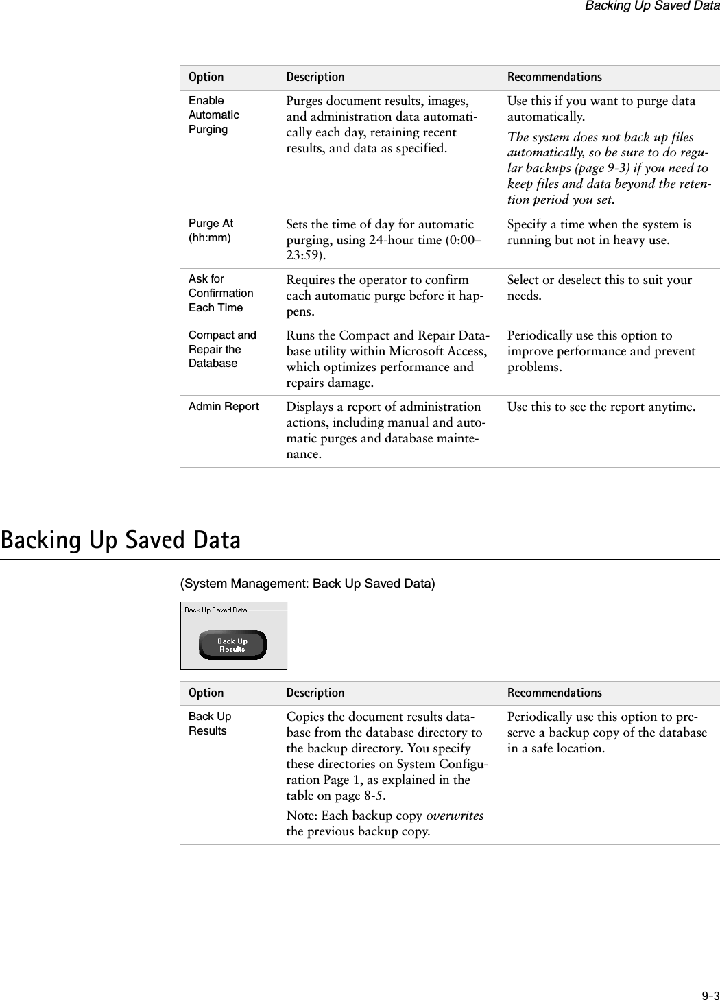 9-3Backing Up Saved DataBacking Up Saved Data(System Management: Back Up Saved Data)Enable Automatic PurgingPurges document results, images, and administration data automati-cally each day, retaining recent results, and data as specified. Use this if you want to purge data automatically.The system does not back up files automatically, so be sure to do regu-lar backups (page 9-3) if you need to keep files and data beyond the reten-tion period you set.Purge At (hh:mm)Sets the time of day for automatic purging, using 24-hour time (0:00–23:59).Specify a time when the system is running but not in heavy use.Ask for Confirmation Each TimeRequires the operator to confirm each automatic purge before it hap-pens.Select or deselect this to suit your needs.Compact and Repair the DatabaseRuns the Compact and Repair Data-base utility within Microsoft Access, which optimizes performance and repairs damage.Periodically use this option to improve performance and prevent problems.Admin Report Displays a report of administration actions, including manual and auto-matic purges and database mainte-nance.Use this to see the report anytime.Option Description RecommendationsOption Description RecommendationsBack Up ResultsCopies the document results data-base from the database directory to the backup directory. You specify these directories on System Configu-ration Page 1, as explained in the table on page 8-5.Note: Each backup copy overwrites the previous backup copy.Periodically use this option to pre-serve a backup copy of the database in a safe location.