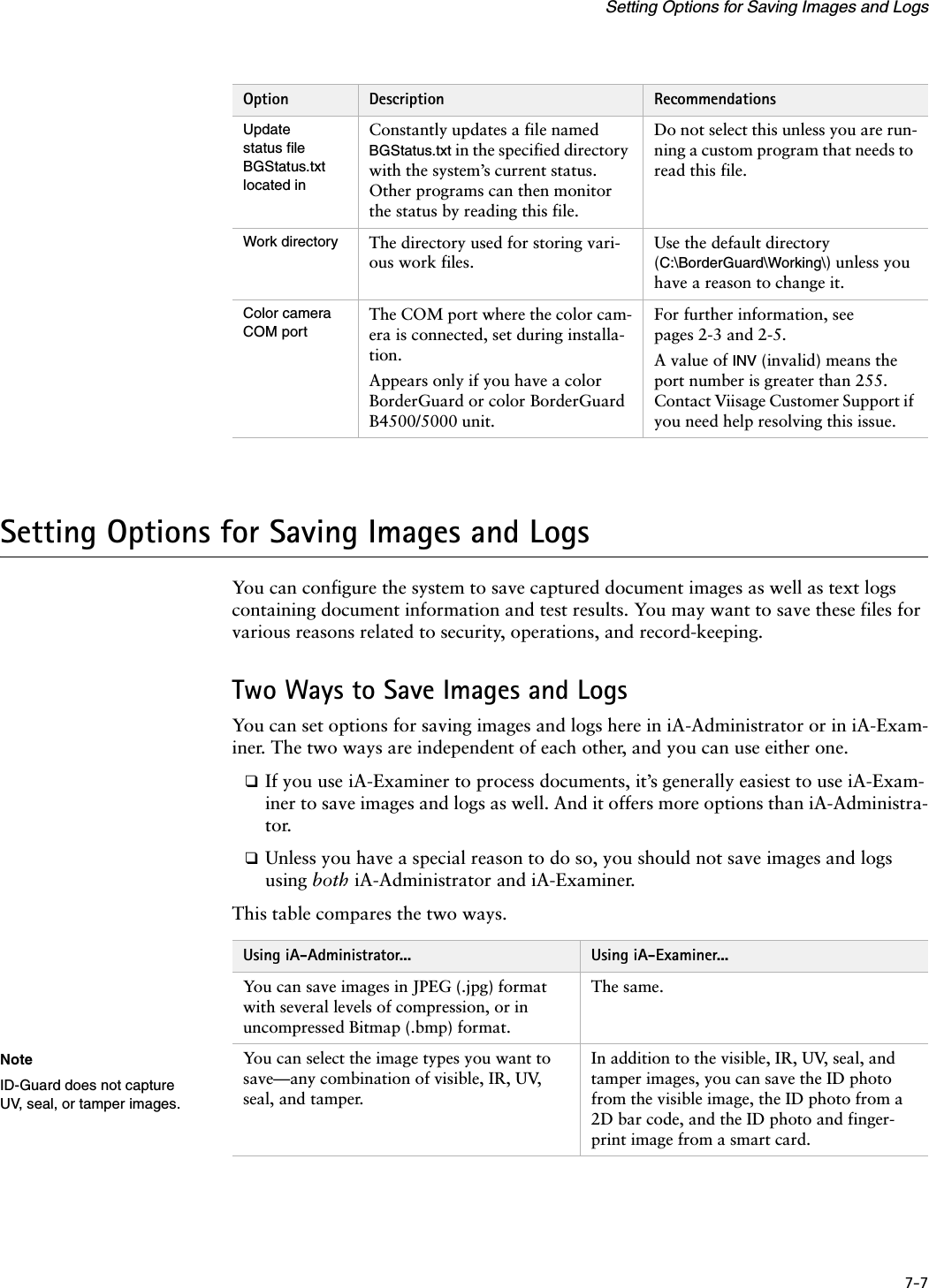 7-7Setting Options for Saving Images and LogsSetting Options for Saving Images and LogsYou can configure the system to save captured document images as well as text logs containing document information and test results. You may want to save these files for various reasons related to security, operations, and record-keeping.Two Ways to Save Images and LogsYou can set options for saving images and logs here in iA-Administrator or in iA-Exam-iner. The two ways are independent of each other, and you can use either one.❑If you use iA-Examiner to process documents, it’s generally easiest to use iA-Exam-iner to save images and logs as well. And it offers more options than iA-Administra-tor.❑Unless you have a special reason to do so, you should not save images and logs using both iA-Administrator and iA-Examiner.This table compares the two ways.Update status file BGStatus.txt located inConstantly updates a file named BGStatus.txt in the specified directory with the system’s current status. Other programs can then monitor the status by reading this file.Do not select this unless you are run-ning a custom program that needs to read this file.Work directory The directory used for storing vari-ous work files.Use the default directory (C:\BorderGuard\Working\) unless you have a reason to change it.Color camera COM portThe COM port where the color cam-era is connected, set during installa-tion.Appears only if you have a color BorderGuard or color BorderGuard B4500/5000 unit.For further information, see pages 2-3 and 2-5.A value of INV (invalid) means the port number is greater than 255. Contact Viisage Customer Support if you need help resolving this issue.Option Description RecommendationsUsing iA-Administrator... Using iA-Examiner...You can save images in JPEG (.jpg) format with several levels of compression, or in uncompressed Bitmap (.bmp) format.The same.You can select the image types you want to save—any combination of visible, IR, UV, seal, and tamper.In addition to the visible, IR, UV, seal, and tamper images, you can save the ID photo from the visible image, the ID photo from a 2D bar code, and the ID photo and finger-print image from a smart card.NoteID-Guard does not capture UV, seal, or tamper images.