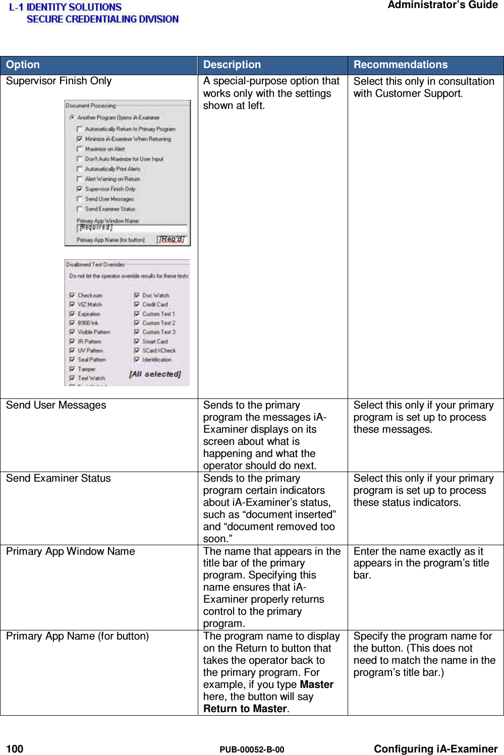   Administrator’s Guide 100  PUB-00052-B-00 Configuring iA-Examiner Option  Description  Recommendations Supervisor Finish Only  A special-purpose option that works only with the settings shown at left. Select this only in consultation with Customer Support. Send User Messages  Sends to the primary program the messages iA-Examiner displays on its screen about what is happening and what the operator should do next. Select this only if your primary program is set up to process these messages. Send Examiner Status  Sends to the primary program certain indicators about iA-Examiner’s status, such as “document inserted” and “document removed too soon.” Select this only if your primary program is set up to process these status indicators. Primary App Window Name  The name that appears in the title bar of the primary program. Specifying this name ensures that iA-Examiner properly returns control to the primary program. Enter the name exactly as it appears in the program’s title bar. Primary App Name (for button)  The program name to display on the Return to button that takes the operator back to the primary program. For example, if you type Master here, the button will say Return to Master. Specify the program name for the button. (This does not need to match the name in the program’s title bar.) 