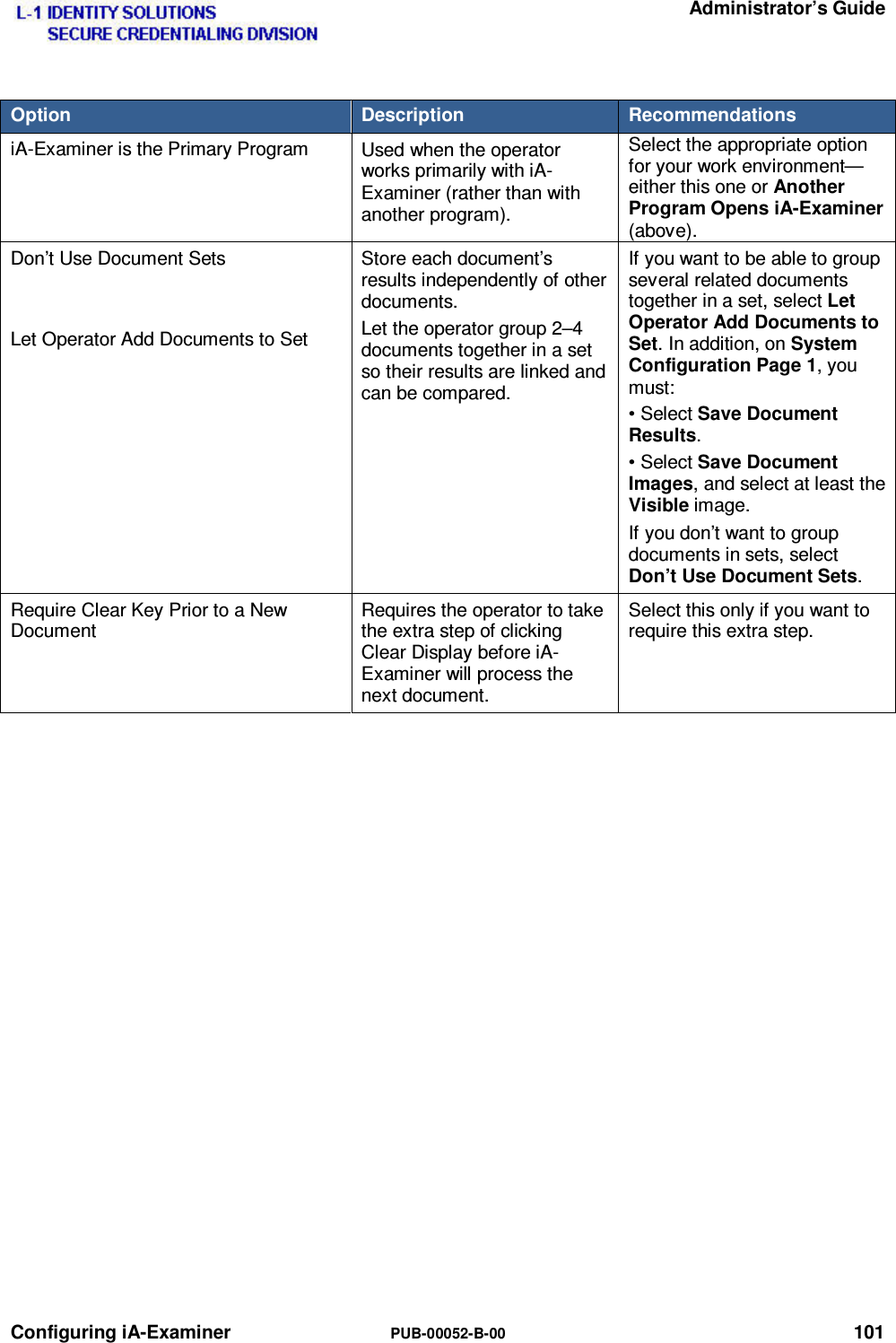   Administrator’s Guide Configuring iA-Examiner  PUB-00052-B-00 101 Option  Description  Recommendations iA-Examiner is the Primary Program  Used when the operator works primarily with iA-Examiner (rather than with another program). Select the appropriate option for your work environment—either this one or Another Program Opens iA-Examiner (above). Don’t Use Document Sets   Let Operator Add Documents to Set Store each document’s results independently of other documents. Let the operator group 2–4 documents together in a set so their results are linked and can be compared. If you want to be able to group several related documents together in a set, select Let Operator Add Documents to Set. In addition, on System Configuration Page 1, you must: • Select Save Document Results. • Select Save Document Images, and select at least the Visible image. If you don’t want to group documents in sets, select Don’t Use Document Sets. Require Clear Key Prior to a New Document Requires the operator to take the extra step of clicking Clear Display before iA-Examiner will process the next document. Select this only if you want to require this extra step.        