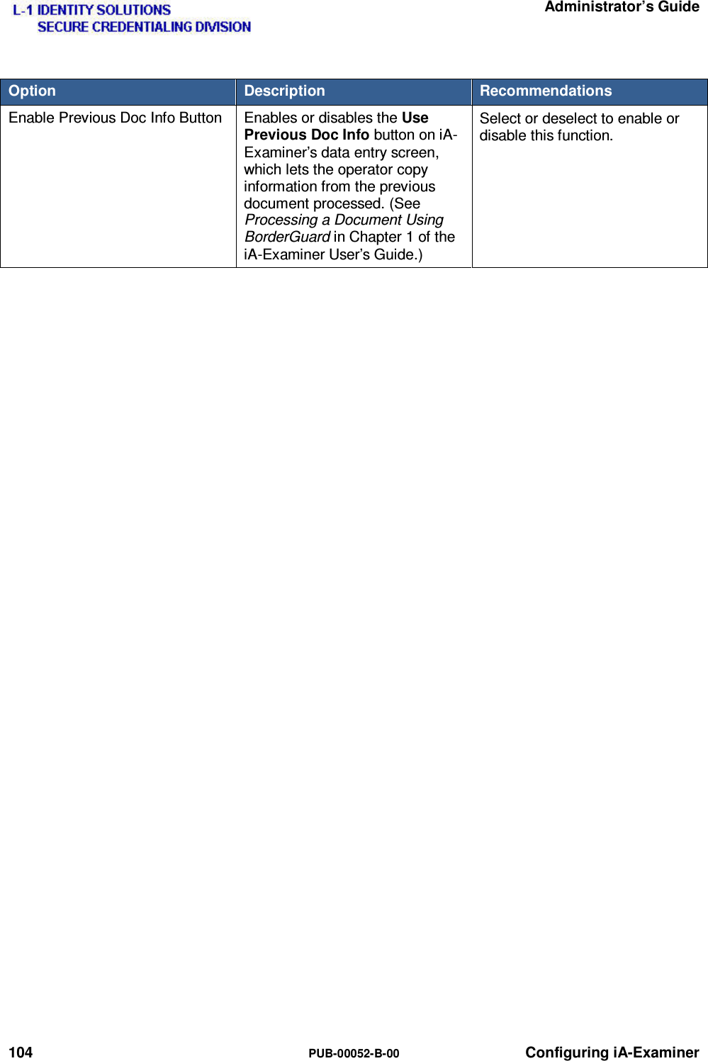   Administrator’s Guide 104  PUB-00052-B-00 Configuring iA-Examiner Option  Description  Recommendations Enable Previous Doc Info Button  Enables or disables the Use Previous Doc Info button on iA-Examiner’s data entry screen, which lets the operator copy information from the previous document processed. (See Processing a Document Using BorderGuard in Chapter 1 of the iA-Examiner User’s Guide.) Select or deselect to enable or disable this function.    