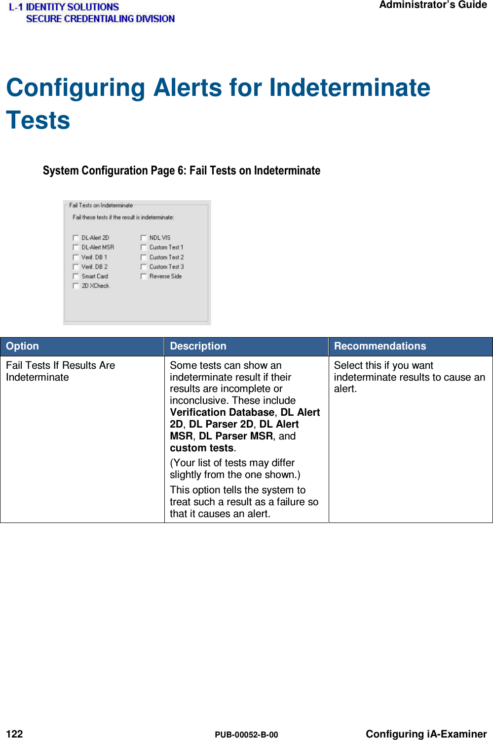   Administrator’s Guide 122  PUB-00052-B-00 Configuring iA-Examiner Configuring Alerts for Indeterminate Tests 6\VWHP&amp;RQILJXUDWLRQ3DJH)DLO7HVWVRQ,QGHWHUPLQDWHOption  Description  Recommendations Fail Tests If Results Are Indeterminate Some tests can show an indeterminate result if their results are incomplete or inconclusive. These include Verification Database, DL Alert 2D, DL Parser 2D, DL Alert MSR, DL Parser MSR, and custom tests. (Your list of tests may differ slightly from the one shown.) This option tells the system to treat such a result as a failure so that it causes an alert. Select this if you want indeterminate results to cause an alert.   