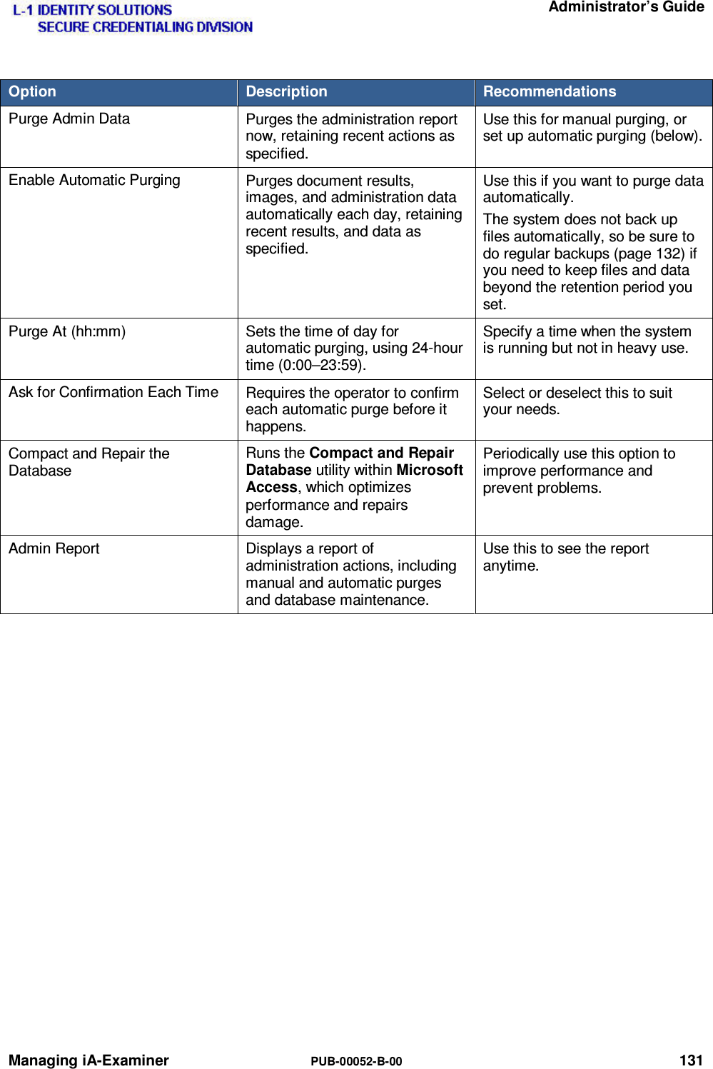   Administrator’s Guide Managing iA-Examiner  PUB-00052-B-00 131 Option  Description  Recommendations Purge Admin Data  Purges the administration report now, retaining recent actions as specified. Use this for manual purging, or set up automatic purging (below). Enable Automatic Purging  Purges document results, images, and administration data automatically each day, retaining recent results, and data as specified. Use this if you want to purge data automatically. The system does not back up files automatically, so be sure to do regular backups (page 132) if you need to keep files and data beyond the retention period you set. Purge At (hh:mm)  Sets the time of day for automatic purging, using 24-hour time (0:00–23:59). Specify a time when the system is running but not in heavy use. Ask for Confirmation Each Time  Requires the operator to confirm each automatic purge before it happens. Select or deselect this to suit your needs. Compact and Repair the Database Runs the Compact and Repair Database utility within Microsoft Access, which optimizes performance and repairs damage. Periodically use this option to improve performance and prevent problems. Admin Report  Displays a report of administration actions, including manual and automatic purges and database maintenance. Use this to see the report anytime.   