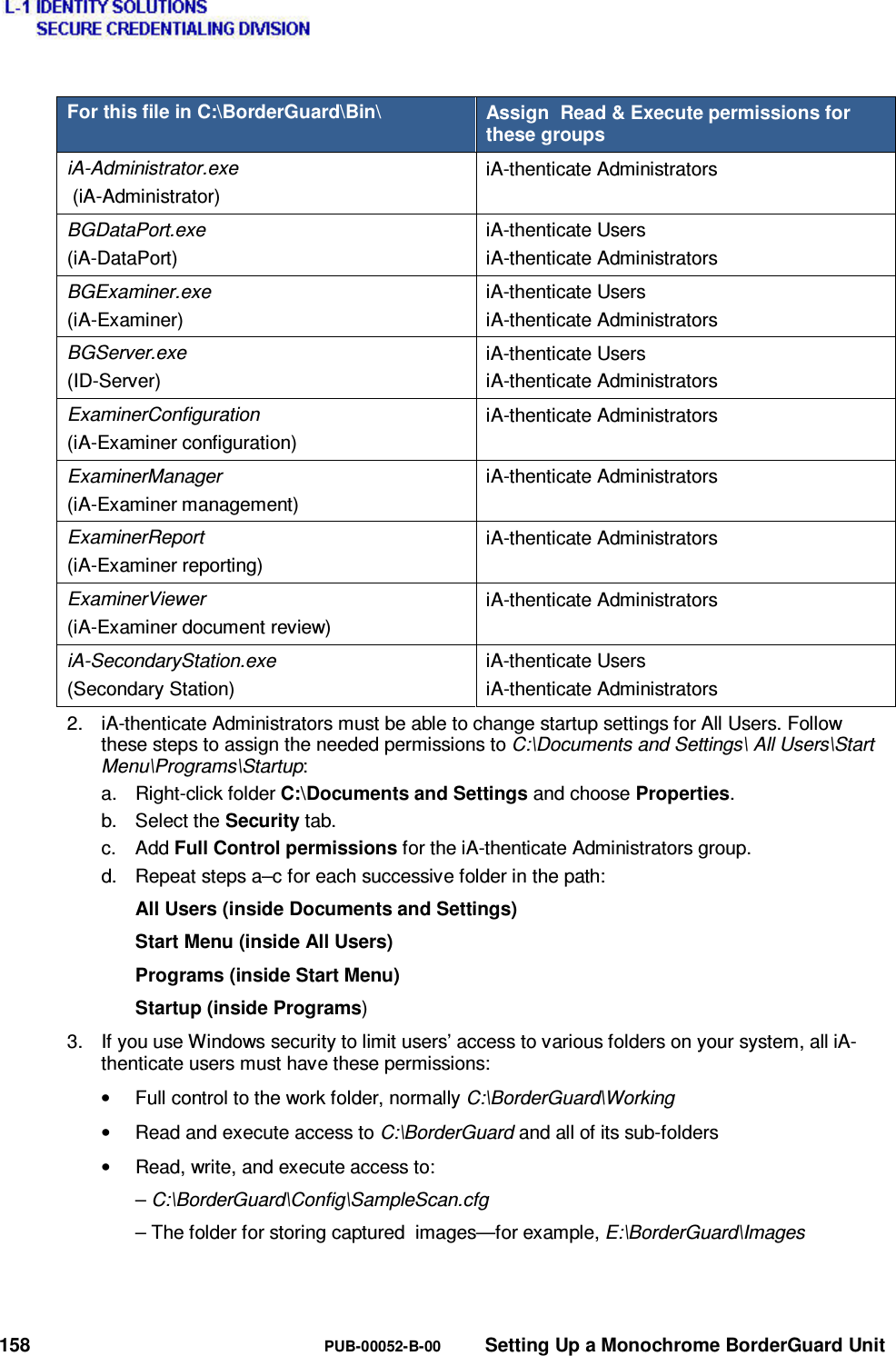  158  PUB-00052-B-00  Setting Up a Monochrome BorderGuard Unit For this file in C:\BorderGuard\Bin\  Assign  Read &amp; Execute permissions for these groups iA-Administrator.exe  (iA-Administrator) iA-thenticate Administrators BGDataPort.exe (iA-DataPort) iA-thenticate Users iA-thenticate Administrators BGExaminer.exe (iA-Examiner) iA-thenticate Users iA-thenticate Administrators BGServer.exe (ID-Server) iA-thenticate Users iA-thenticate Administrators ExaminerConfiguration (iA-Examiner configuration) iA-thenticate Administrators ExaminerManager (iA-Examiner management) iA-thenticate Administrators ExaminerReport (iA-Examiner reporting) iA-thenticate Administrators ExaminerViewer (iA-Examiner document review) iA-thenticate Administrators iA-SecondaryStation.exe (Secondary Station) iA-thenticate Users iA-thenticate Administrators 2.  iA-thenticate Administrators must be able to change startup settings for All Users. Follow these steps to assign the needed permissions to C:\Documents and Settings\ All Users\Start Menu\Programs\Startup: a. Right-click folder C:\Documents and Settings and choose Properties. b. Select the Security tab. c. Add Full Control permissions for the iA-thenticate Administrators group. d.  Repeat steps a–c for each successive folder in the path: All Users (inside Documents and Settings) Start Menu (inside All Users) Programs (inside Start Menu) Startup (inside Programs) 3.  If you use Windows security to limit users’ access to various folders on your system, all iA-thenticate users must have these permissions: •  Full control to the work folder, normally C:\BorderGuard\Working •  Read and execute access to C:\BorderGuard and all of its sub-folders •  Read, write, and execute access to: – C:\BorderGuard\Config\SampleScan.cfg – The folder for storing captured  images—for example, E:\BorderGuard\Images 