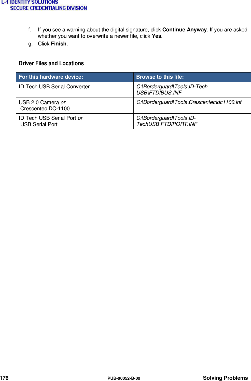  176  PUB-00052-B-00 Solving Problems f.  If you see a warning about the digital signature, click Continue Anyway. If you are asked whether you want to overwrite a newer file, click Yes. g. Click Finish. &apos;ULYHU)LOHVDQG/RFDWLRQVFor this hardware device:  Browse to this file: ID Tech USB Serial Converter  C:\Borderguard\Tools\ID-Tech USB\FTDIBUS.INF USB 2.0 Camera or  Crescentec DC-1100 C:\Borderguard\Tools\Crescentec\dc1100.inf ID Tech USB Serial Port or  USB Serial Port C:\Borderguard\Tools\ID-TechUSB\FTDIPORT.INF 