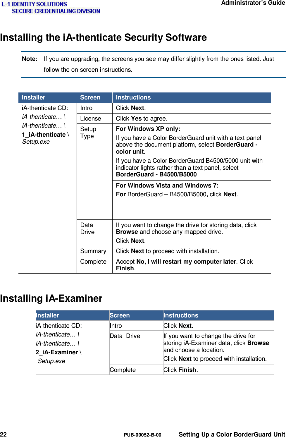   Administrator’s Guide 22  PUB-00052-B-00  Setting Up a Color BorderGuard Unit Installing the iA-thenticate Security Software Note:  If you are upgrading, the screens you see may differ slightly from the ones listed. Just follow the on-screen instructions.  Installer  Screen  Instructions iA-thenticate CD: iA-thenticate… \ iA-thenticate… \ 1_iA-thenticate \ Setup.exe Intro  Click Next. License  Click Yes to agree. Setup Type For Windows XP only: If you have a Color BorderGuard unit with a text panel above the document platform, select BorderGuard - color unit. If you have a Color BorderGuard B4500/5000 unit with indicator lights rather than a text panel, select BorderGuard - B4500/B5000 For Windows Vista and Windows 7: For BorderGuard – B4500/B5000, click Next. Data  Drive If you want to change the drive for storing data, click Browse and choose any mapped drive. Click Next. Summary  Click Next to proceed with installation. Complete Accept No, I will restart my computer later. Click Finish. Installing iA-Examiner Installer  Screen  Instructions iA-thenticate CD: iA-thenticate… \ iA-thenticate… \ 2_iA-Examiner \  Setup.exe Intro  Click Next. Data  Drive  If you want to change the drive for storing iA-Examiner data, click Browse and choose a location. Click Next to proceed with installation. Complete  Click Finish.   