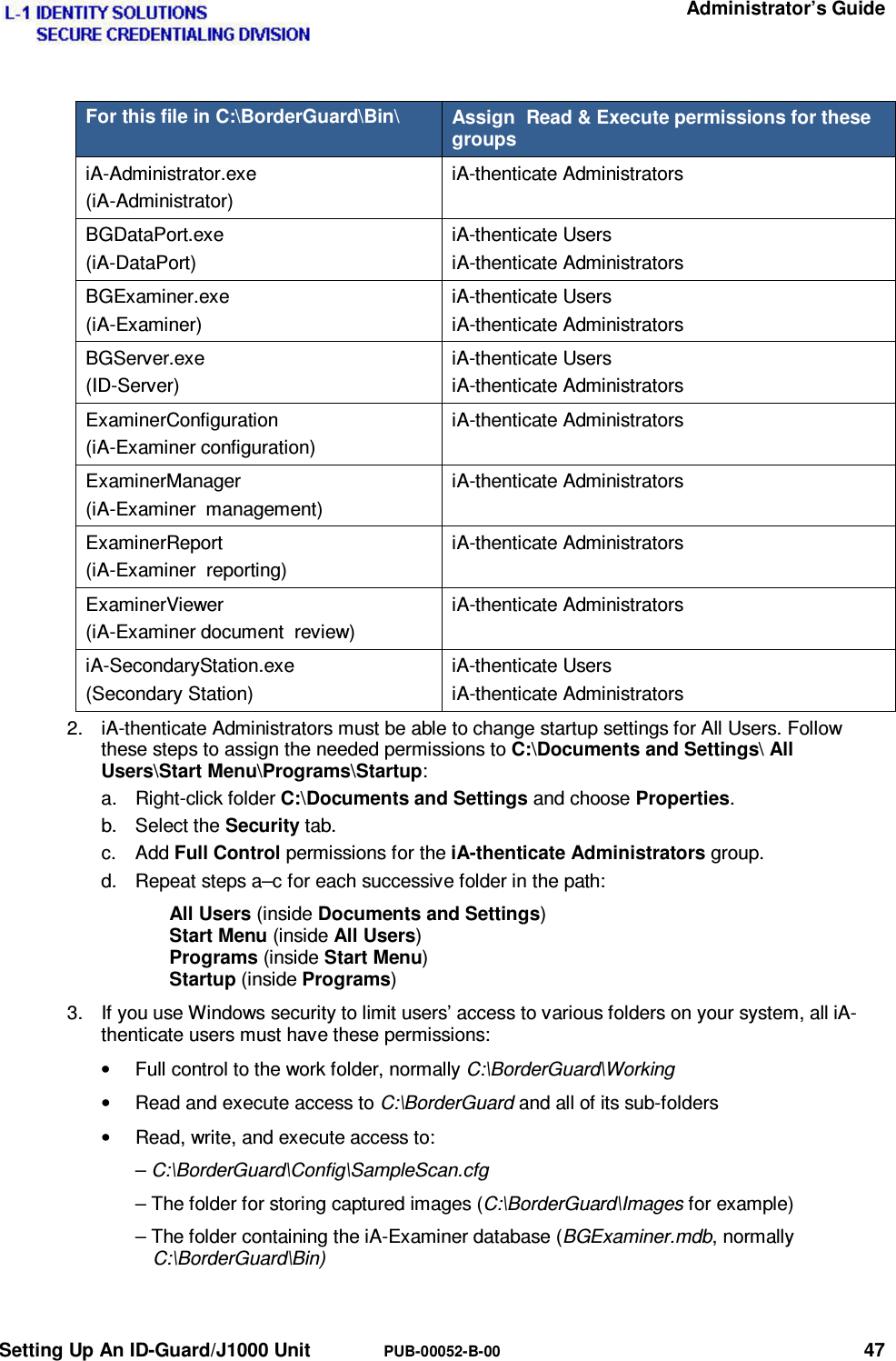   Administrator’s Guide Setting Up An ID-Guard/J1000 Unit  PUB-00052-B-00 47 For this file in C:\BorderGuard\Bin\  Assign  Read &amp; Execute permissions for these groups iA-Administrator.exe (iA-Administrator) iA-thenticate Administrators BGDataPort.exe (iA-DataPort) iA-thenticate Users iA-thenticate Administrators BGExaminer.exe (iA-Examiner) iA-thenticate Users iA-thenticate Administrators BGServer.exe (ID-Server) iA-thenticate Users iA-thenticate Administrators ExaminerConfiguration (iA-Examiner configuration) iA-thenticate Administrators ExaminerManager (iA-Examiner  management) iA-thenticate Administrators ExaminerReport (iA-Examiner  reporting) iA-thenticate Administrators ExaminerViewer (iA-Examiner document  review) iA-thenticate Administrators iA-SecondaryStation.exe (Secondary Station) iA-thenticate Users iA-thenticate Administrators 2.  iA-thenticate Administrators must be able to change startup settings for All Users. Follow these steps to assign the needed permissions to C:\Documents and Settings\ All Users\Start Menu\Programs\Startup: a. Right-click folder C:\Documents and Settings and choose Properties. b. Select the Security tab. c. Add Full Control permissions for the iA-thenticate Administrators group. d.  Repeat steps a–c for each successive folder in the path: All Users (inside Documents and Settings) Start Menu (inside All Users) Programs (inside Start Menu) Startup (inside Programs) 3.  If you use Windows security to limit users’ access to various folders on your system, all iA-thenticate users must have these permissions: •  Full control to the work folder, normally C:\BorderGuard\Working •  Read and execute access to C:\BorderGuard and all of its sub-folders •  Read, write, and execute access to: – C:\BorderGuard\Config\SampleScan.cfg – The folder for storing captured images (C:\BorderGuard\Images for example)  – The folder containing the iA-Examiner database (BGExaminer.mdb, normally C:\BorderGuard\Bin) 