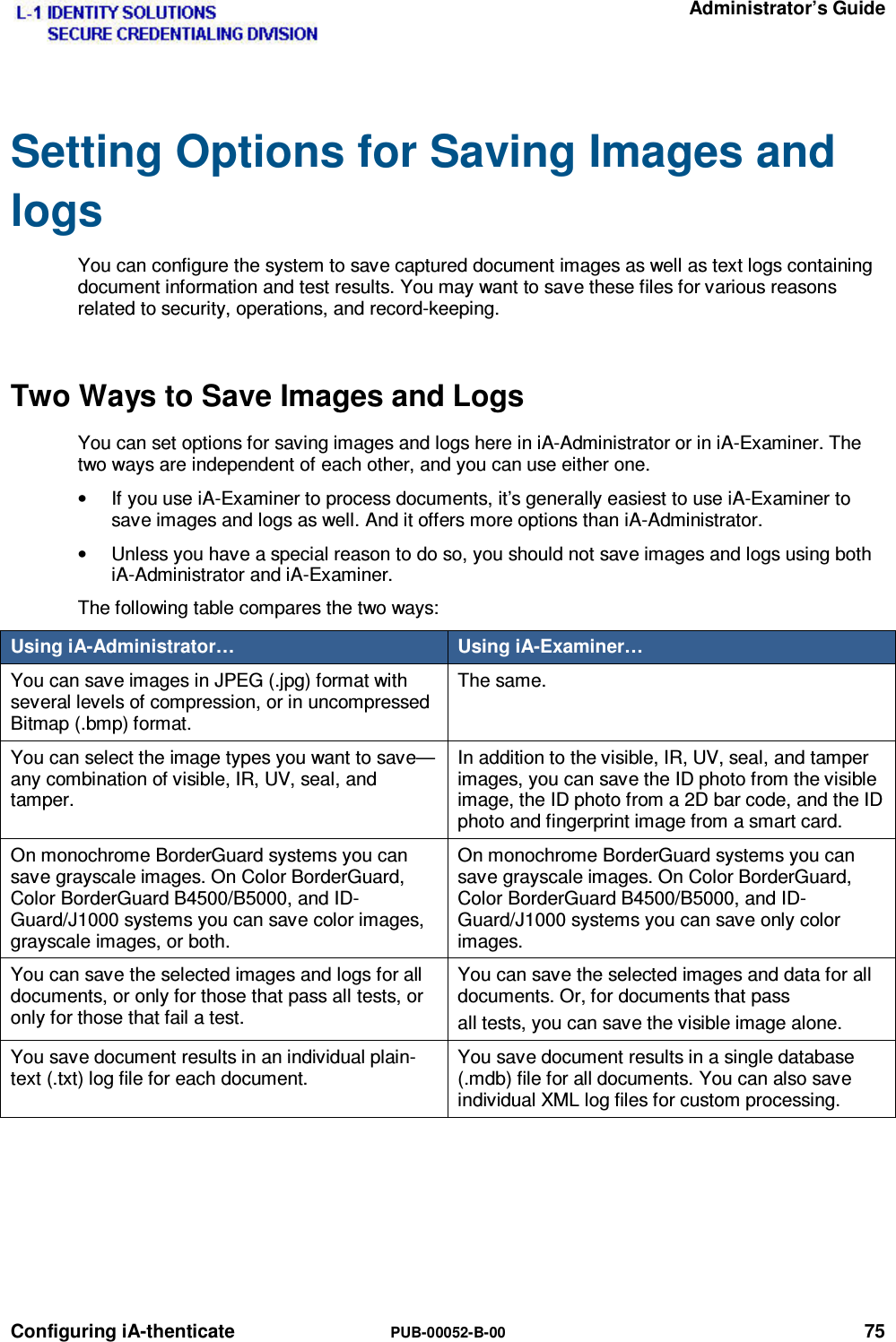   Administrator’s Guide Configuring iA-thenticate  PUB-00052-B-00 75 Setting Options for Saving Images and logs You can configure the system to save captured document images as well as text logs containing document information and test results. You may want to save these files for various reasons related to security, operations, and record-keeping. Two Ways to Save Images and Logs You can set options for saving images and logs here in iA-Administrator or in iA-Examiner. The two ways are independent of each other, and you can use either one. •  If you use iA-Examiner to process documents, it’s generally easiest to use iA-Examiner to save images and logs as well. And it offers more options than iA-Administrator. •  Unless you have a special reason to do so, you should not save images and logs using both iA-Administrator and iA-Examiner. The following table compares the two ways: Using iA-Administrator…  Using iA-Examiner… You can save images in JPEG (.jpg) format with several levels of compression, or in uncompressed Bitmap (.bmp) format. The same. You can select the image types you want to save—any combination of visible, IR, UV, seal, and tamper. In addition to the visible, IR, UV, seal, and tamper images, you can save the ID photo from the visible image, the ID photo from a 2D bar code, and the ID photo and fingerprint image from a smart card. On monochrome BorderGuard systems you can save grayscale images. On Color BorderGuard, Color BorderGuard B4500/B5000, and ID-Guard/J1000 systems you can save color images, grayscale images, or both. On monochrome BorderGuard systems you can save grayscale images. On Color BorderGuard, Color BorderGuard B4500/B5000, and ID-Guard/J1000 systems you can save only color images. You can save the selected images and logs for all documents, or only for those that pass all tests, or only for those that fail a test. You can save the selected images and data for all documents. Or, for documents that pass all tests, you can save the visible image alone. You save document results in an individual plain-text (.txt) log file for each document. You save document results in a single database (.mdb) file for all documents. You can also save individual XML log files for custom processing.   