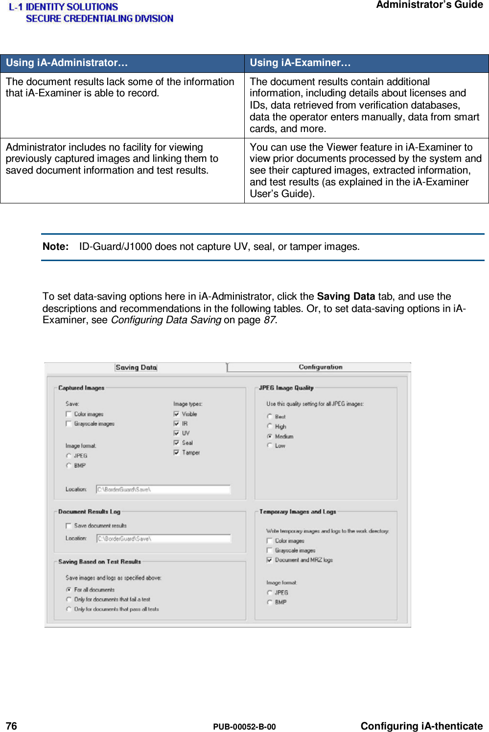   Administrator’s Guide 76  PUB-00052-B-00 Configuring iA-thenticate Using iA-Administrator…  Using iA-Examiner… The document results lack some of the information that iA-Examiner is able to record. The document results contain additional information, including details about licenses and IDs, data retrieved from verification databases, data the operator enters manually, data from smart cards, and more. Administrator includes no facility for viewing previously captured images and linking them to saved document information and test results. You can use the Viewer feature in iA-Examiner to view prior documents processed by the system and see their captured images, extracted information, and test results (as explained in the iA-Examiner  User’s Guide).  Note:  ID-Guard/J1000 does not capture UV, seal, or tamper images.  To set data-saving options here in iA-Administrator, click the Saving Data tab, and use the descriptions and recommendations in the following tables. Or, to set data-saving options in iA-Examiner, see Configuring Data Saving on page 87.     