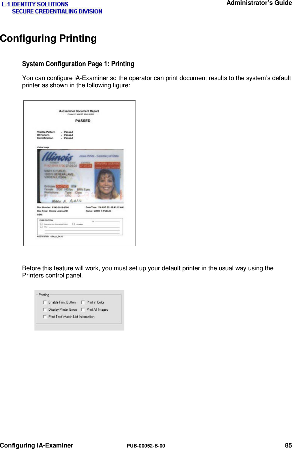   Administrator’s Guide Configuring iA-Examiner  PUB-00052-B-00 85 Configuring Printing 6\VWHP&amp;RQILJXUDWLRQ3DJH3ULQWLQJYou can configure iA-Examiner so the operator can print document results to the system’s default printer as shown in the following figure:  Before this feature will work, you must set up your default printer in the usual way using the Printers control panel.   