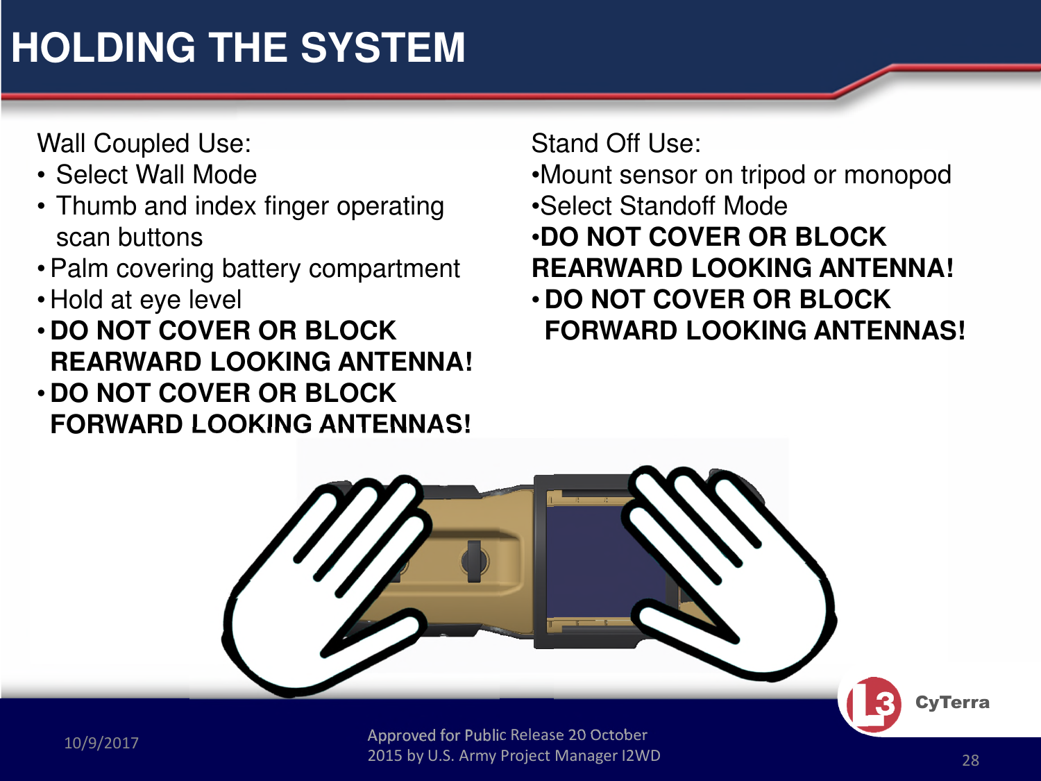 Approved for Public Release 20 October 2015 by U.S. Army Project Manager I2WD10/9/2017 Approved for Public Release 20 October 2015 by U.S. Army Project Manager I2WD 28CyTerraHOLDING THE SYSTEMWall Coupled Use: • Select Wall Mode• Thumb and index finger operating scan buttons• Palm covering battery compartment• Hold at eye level•DO NOT COVER OR BLOCK REARWARD LOOKING ANTENNA!•DO NOT COVER OR BLOCK FORWARD LOOKING ANTENNAS!Stand Off Use:•Mount sensor on tripod or monopod•Select Standoff Mode•DO NOT COVER OR BLOCK REARWARD LOOKING ANTENNA!•DO NOT COVER OR BLOCK FORWARD LOOKING ANTENNAS!