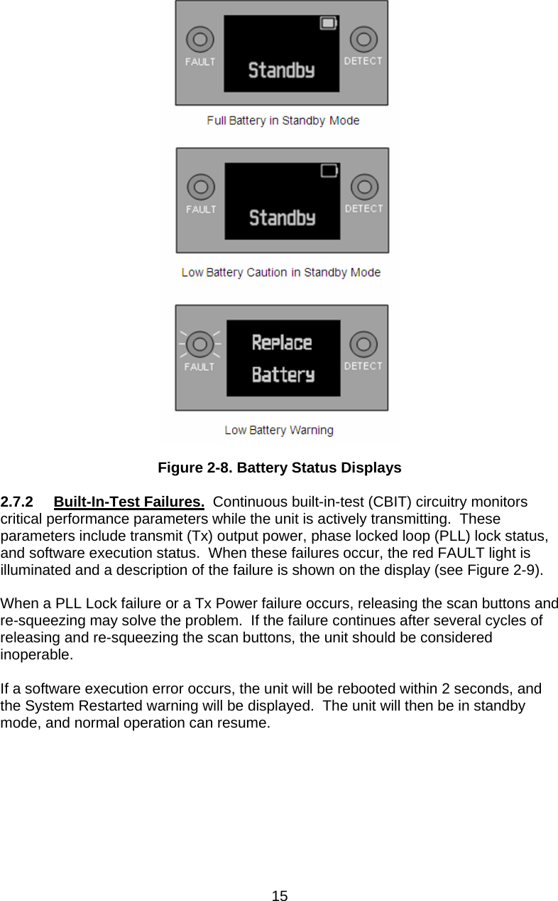    Figure 2-8. Battery Status Displays   2.7.2  Built-In-Test Failures.  Continuous built-in-test (CBIT) circuitry monitors critical performance parameters while the unit is actively transmitting.  These parameters include transmit (Tx) output power, phase locked loop (PLL) lock status, and software execution status.  When these failures occur, the red FAULT light is illuminated and a description of the failure is shown on the display (see Figure 2-9).  When a PLL Lock failure or a Tx Power failure occurs, releasing the scan buttons and re-squeezing may solve the problem.  If the failure continues after several cycles of releasing and re-squeezing the scan buttons, the unit should be considered inoperable.  If a software execution error occurs, the unit will be rebooted within 2 seconds, and the System Restarted warning will be displayed.  The unit will then be in standby mode, and normal operation can resume.  15 