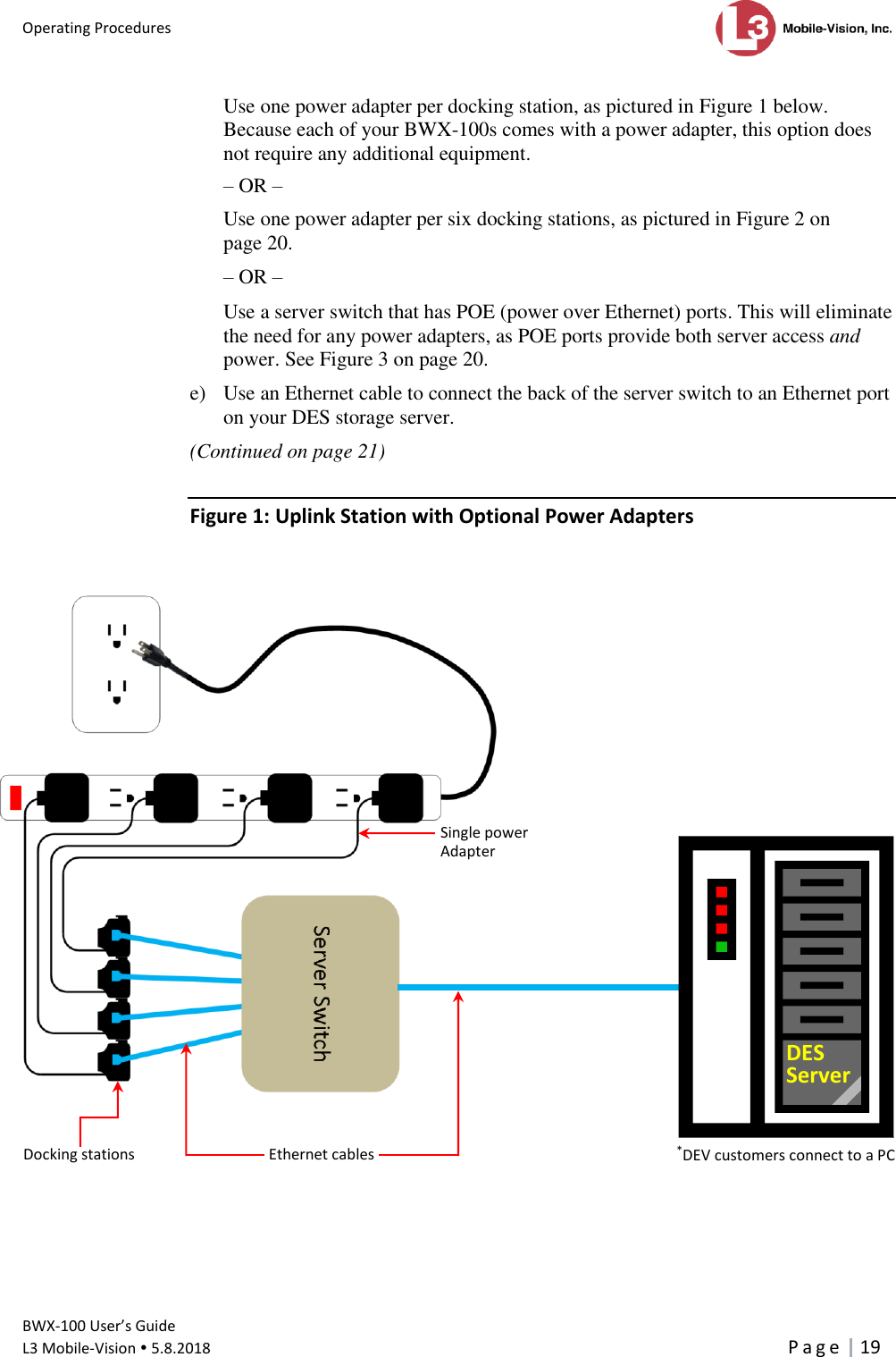 Operating Procedures      BWX-100 User’s Guide  L3 Mobile-Vision  5.8.2018     P a g e   19  Use one power adapter per docking station, as pictured in Figure 1 below. Because each of your BWX-100s comes with a power adapter, this option does not require any additional equipment.  – OR – Use one power adapter per six docking stations, as pictured in Figure 2 on page 20.  – OR – Use a server switch that has POE (power over Ethernet) ports. This will eliminate the need for any power adapters, as POE ports provide both server access and power. See Figure 3 on page 20.  e) Use an Ethernet cable to connect the back of the server switch to an Ethernet port on your DES storage server.  (Continued on page 21) Figure 1: Uplink Station with Optional Power Adapters                             Docking stations Ethernet cables Single power  Adapter  *DEV customers connect to a PC  DES Server 