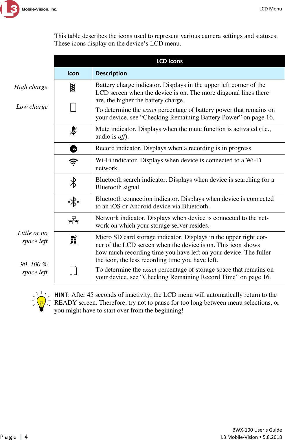   LCD Menu         BWX-100 User’s Guide P a g e     4  L3 Mobile-Vision  5.8.2018   This table describes the icons used to represent various camera settings and statuses. These icons display on the device’s LCD menu.  LCD Icons Icon Description     Battery charge indicator. Displays in the upper left corner of the LCD screen when the device is on. The more diagonal lines there are, the higher the battery charge.  To determine the exact percentage of battery power that remains on your device, see “Checking Remaining Battery Power” on page 16.  Mute indicator. Displays when the mute function is activated (i.e., audio is off).  Record indicator. Displays when a recording is in progress.  Wi-Fi indicator. Displays when device is connected to a Wi-Fi network.  Bluetooth search indicator. Displays when device is searching for a Bluetooth signal.   Bluetooth connection indicator. Displays when device is connected to an iOS or Android device via Bluetooth.  Network indicator. Displays when device is connected to the net-work on which your storage server resides.      Micro SD card storage indicator. Displays in the upper right cor-ner of the LCD screen when the device is on. This icon shows how much recording time you have left on your device. The fuller the icon, the less recording time you have left.  To determine the exact percentage of storage space that remains on your device, see “Checking Remaining Record Time” on page 16.  HINT: After 45 seconds of inactivity, the LCD menu will automatically return to the READY screen. Therefore, try not to pause for too long between menu selections, or you might have to start over from the beginning!  High charge Low charge Little or no space left 90 -100 % space left 