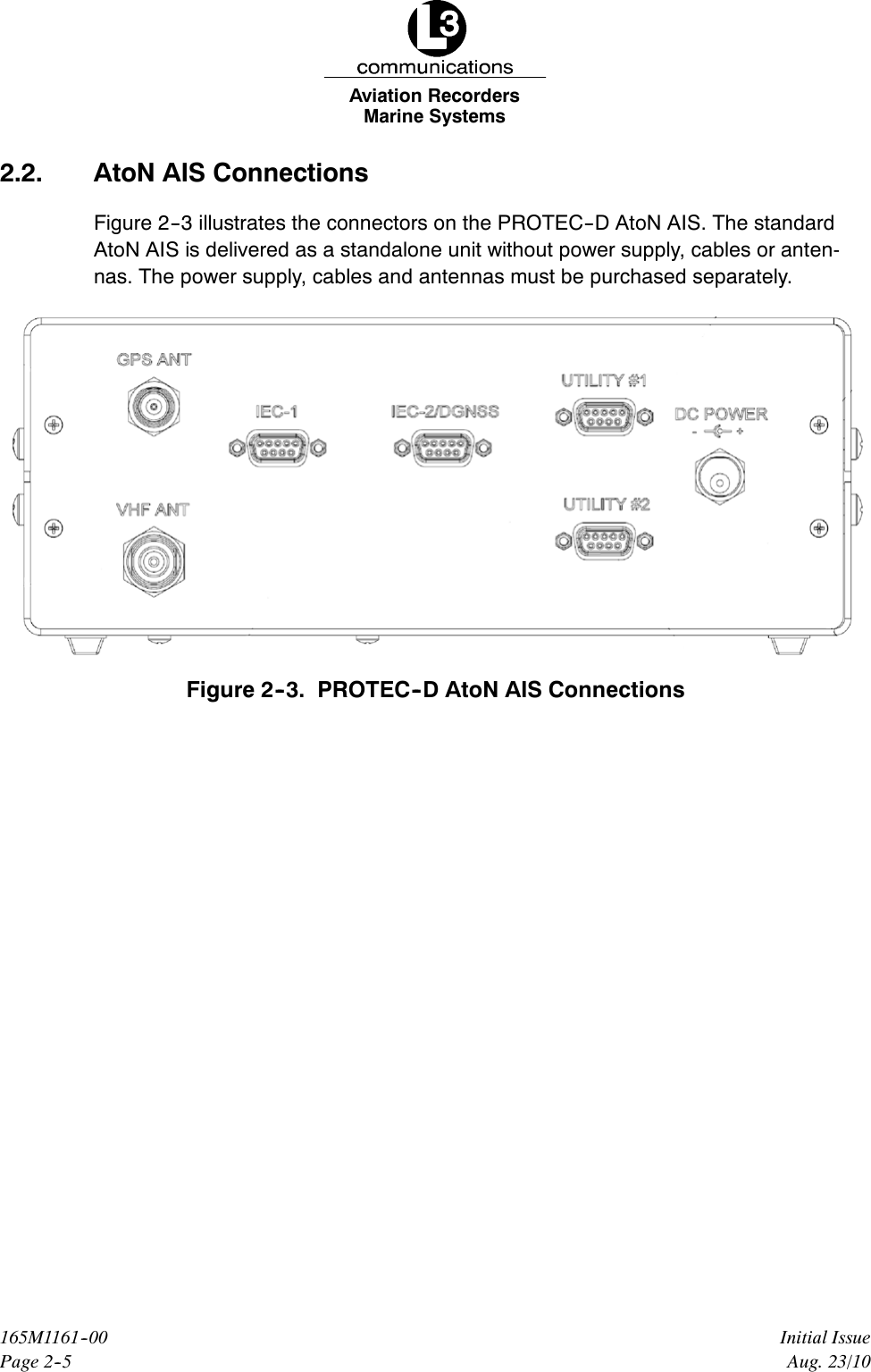 Marine SystemsAviation RecordersPage 2--5Initial Issue165M1161--00Aug. 23/102.2. AtoN AIS ConnectionsFigure 2--3 illustrates the connectors on the PROTEC--D AtoN AIS. The standardAtoN AIS is delivered as a standalone unit without power supply, cables or anten-nas. The power supply, cables and antennas must be purchased separately.Figure 2--3. PROTEC--D AtoN AIS Connections