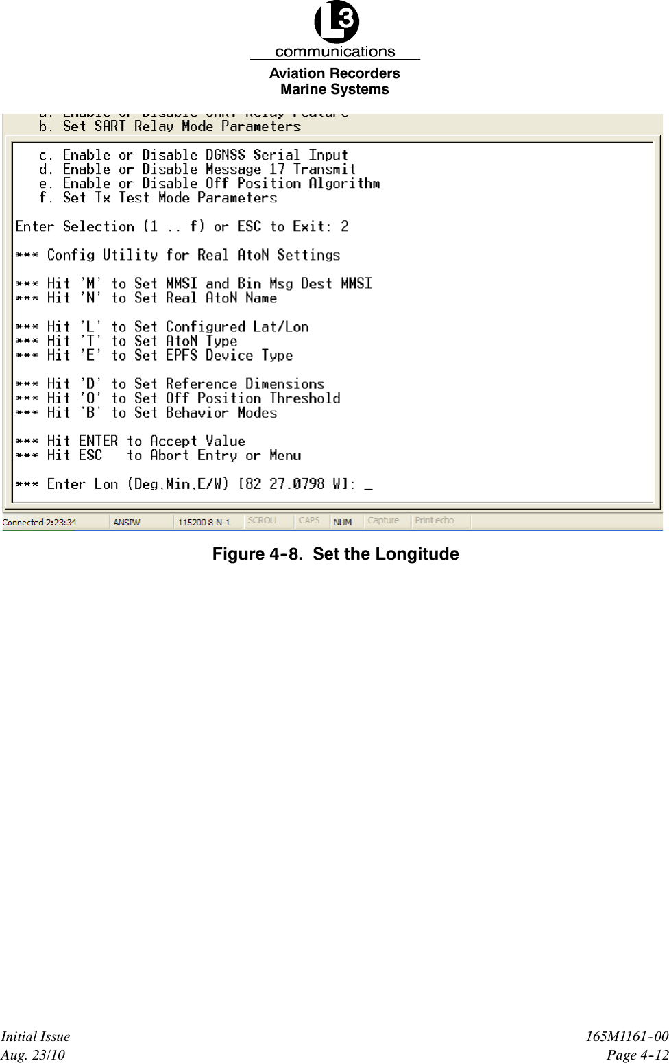 Marine SystemsAviation RecordersPage 4--12165M1161--00Initial IssueAug. 23/10Figure 4--8. Set the Longitude