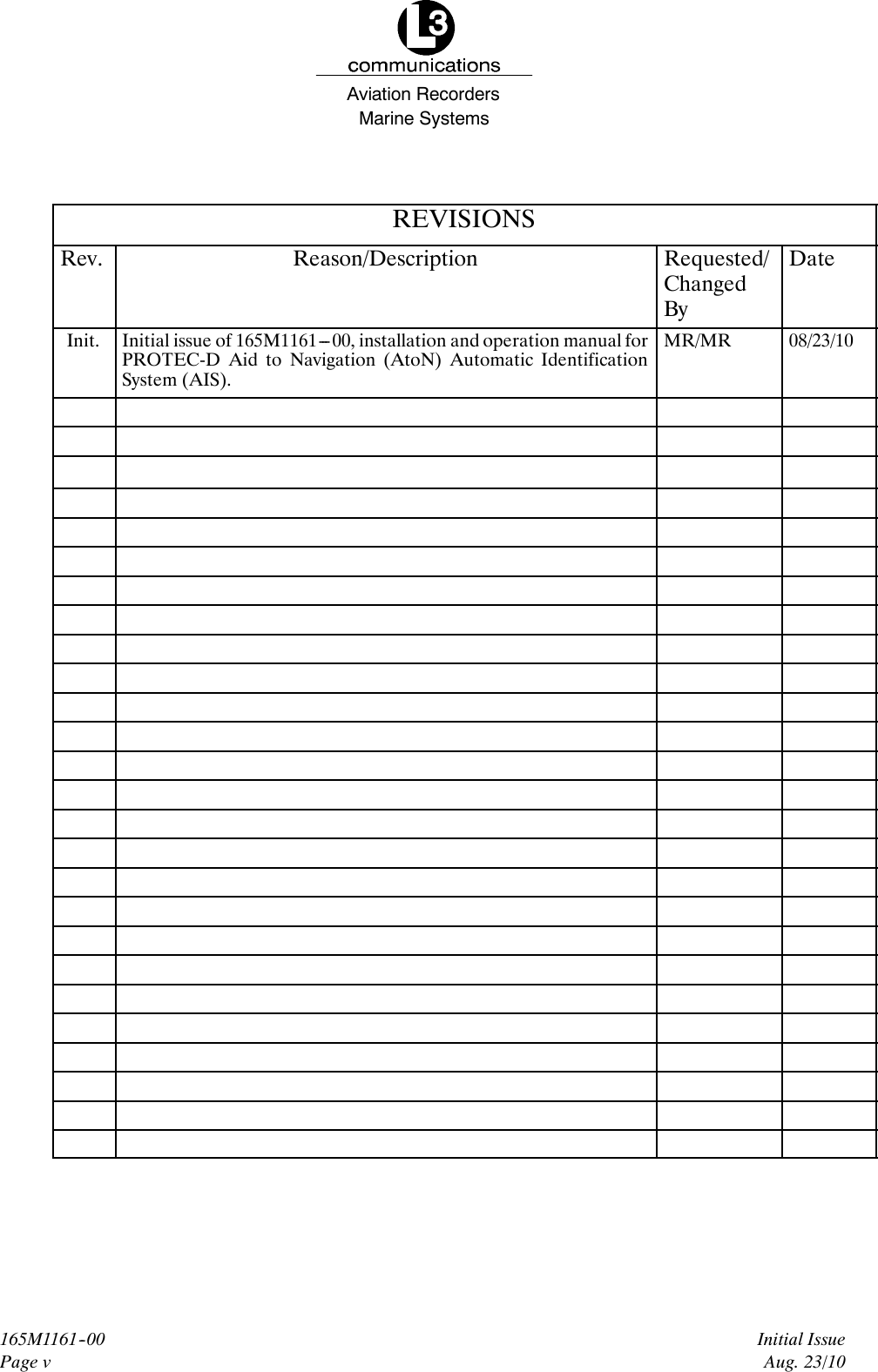 Marine SystemsAviation RecordersInitial IssueAug. 23/10165M1161--00Page vREVISIONSRev. Reason/Description Requested/ChangedByDateInit. Initial issue of 165M1161---00, installation and operation manual forPROTEC-D Aid to Navigation (AtoN) Automatic IdentificationSystem (AIS).MR/MR 08/23/10