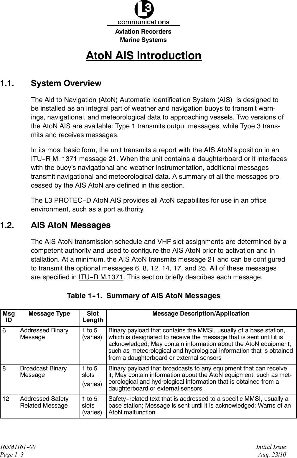 Marine SystemsAviation RecordersInitial IssueAug. 23/10165M1161--00Page 1--3AtoN AIS Introduction1.1. System OverviewThe Aid to Navigation (AtoN) Automatic Identification System (AIS) is designed tobe installed as an integral part of weather and navigation buoys to transmit warn-ings, navigational, and meteorological data to approaching vessels. Two versions ofthe AtoN AIS are available: Type 1 transmits output messages, while Type 3 trans-mits and receives messages.In its most basic form, the unit transmits a report with the AIS AtoN’s position in anITU--R M. 1371 message 21. When the unit contains a daughterboard or it interfaceswith the buoy’s navigational and weather instrumentation, additional messagestransmit navigational and meteorological data. A summary of all the messages pro-cessed by the AIS AtoN are defined in this section.The L3 PROTEC--D AtoN AIS provides all AtoN capabilites for use in an officeenvironment, such as a port authority.1.2. AIS AtoN MessagesThe AIS AtoN transmission schedule and VHF slot assignments are determined by acompetent authority and used to configure the AIS AtoN prior to activation and in-stallation. At a minimum, the AIS AtoN transmits message 21 and can be configuredto transmit the optional messages 6, 8, 12, 14, 17, and 25. All of these messagesare specified in ITU--R M.1371. This section briefly describes each message.Table 1--1. Summary of AIS AtoN MessagesMsgIDMessage Type SlotLengthMessage Description/Application6Addressed BinaryMessage1to5(varies)Binary payload that contains the MMSI, usually of a base station,which is designated to receive the message that is sent until it isacknowledged; May contain information about the AtoN equipment,such as meteorological and hydrological information that is obtainedfrom a daughterboard or external sensors8Broadcast BinaryMessage1to5slots(varies)Binary payload that broadcasts to any equipment that can receiveit; May contain information about the AtoN equipment, such as met-eorological and hydrological information that is obtained from adaughterboard or external sensors12 Addressed SafetyRelated Message1to5slots(varies)Safety--related text that is addressed to a specific MMSI, usually abase station; Message is sent until it is acknowledged; Warns of anAtoN malfunction