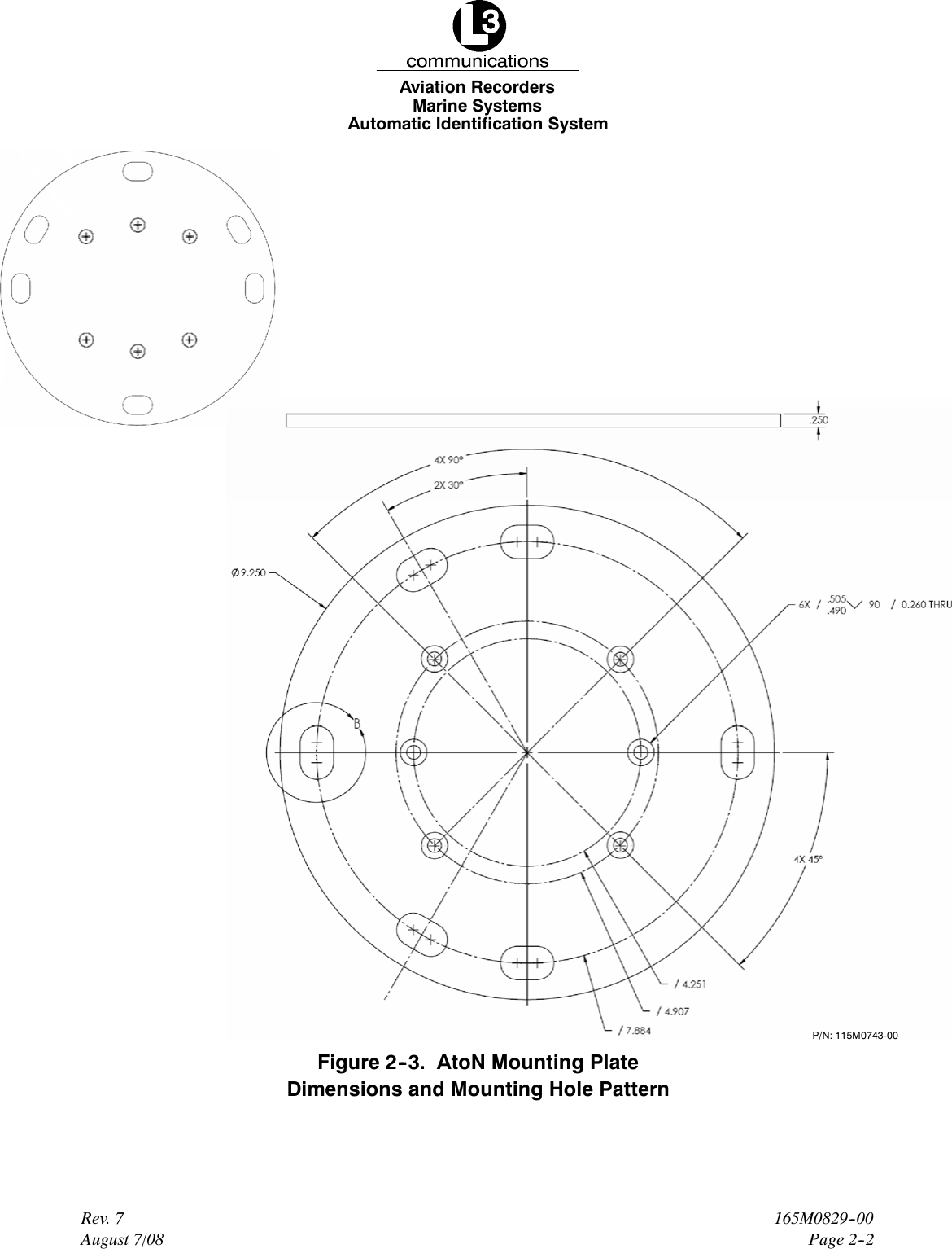 Marine SystemsAviation RecordersAutomatic Identification SystemPage 2--2165M0829--00Rev. 7August 7/08P/N: 115M0743-00Figure 2--3. AtoN Mounting PlateDimensions and Mounting Hole Pattern