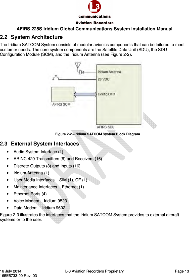  AFIRS 228S Iridium Global Communications System Installation Manual 16 July 2014  L-3 Aviation Recorders Proprietary  Page 13 165E5733-00 Rev. 03 2.2  System Architecture The Iridium SATCOM System consists of modular avionics components that can be tailored to meet customer needs. The core system components are the Satellite Data Unit (SDU), the SDU Configuration Module (SCM), and the Iridium Antenna (see Figure 2-2).  Figure 2-2 –Iridium SATCOM System Block Diagram 2.3  External System Interfaces •  Audio System Interface (1) •  ARINC 429 Transmitters (6) and Receivers (16) •  Discrete Outputs (8) and Inputs (16) •  Iridium Antenna (1) •  User Media Interfaces – SIM (1), CF (1) •  Maintenance Interfaces – Ethernet (1) •  Ethernet Ports (4) •  Voice Modem – Iridium 9523 •  Data Modem – Iridium 9602 Figure 2-3 illustrates the interfaces that the Iridium SATCOM System provides to external aircraft systems or to the user.   