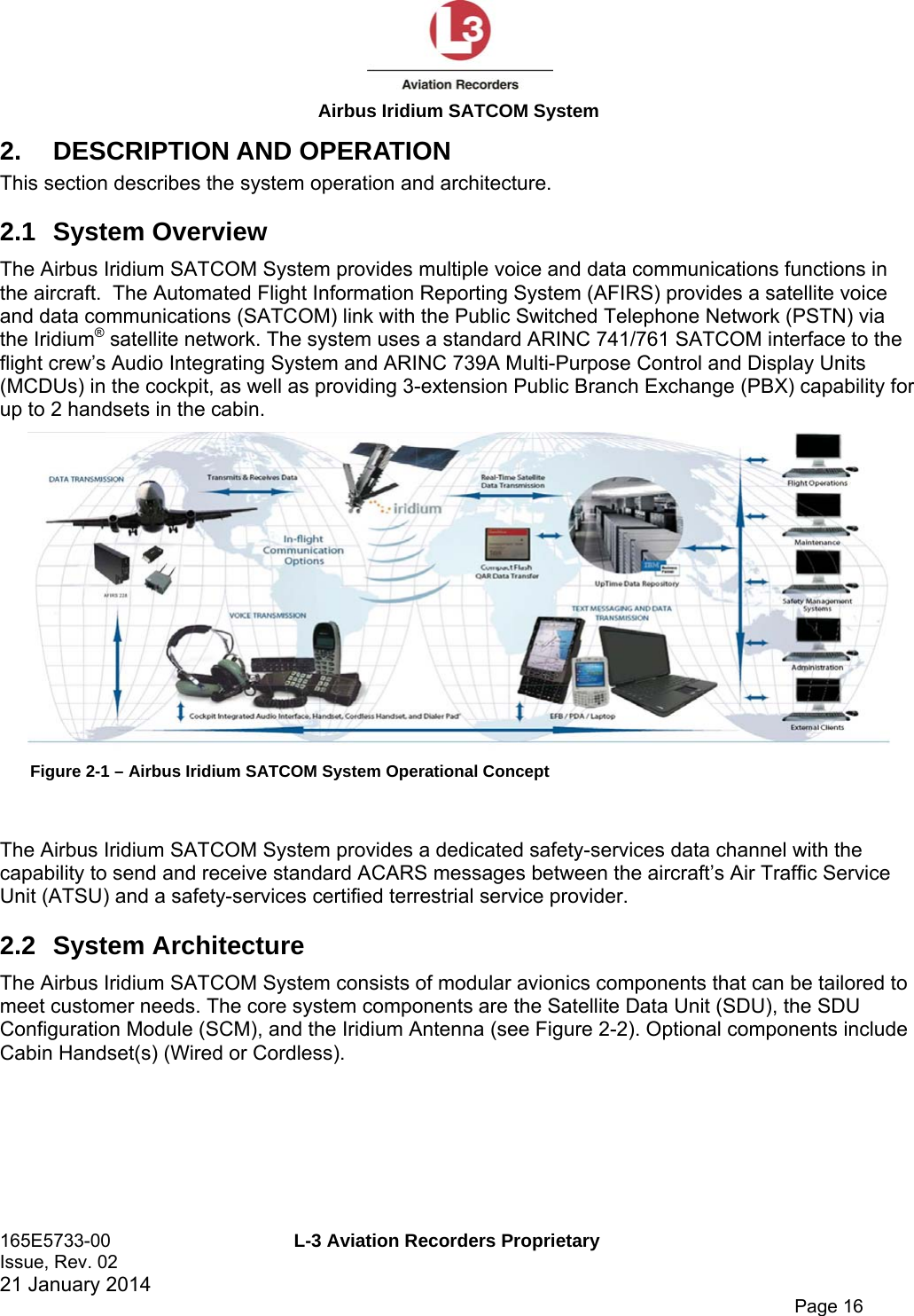  Airbus Iridium SATCOM System 165E5733-00  L-3 Aviation Recorders Proprietary Issue, Rev. 02   21 January 2014      Page 16 2. DESCRIPTION AND OPERATION This section describes the system operation and architecture. 2.1 System Overview The Airbus Iridium SATCOM System provides multiple voice and data communications functions in the aircraft.  The Automated Flight Information Reporting System (AFIRS) provides a satellite voice and data communications (SATCOM) link with the Public Switched Telephone Network (PSTN) via the Iridium® satellite network. The system uses a standard ARINC 741/761 SATCOM interface to the flight crew’s Audio Integrating System and ARINC 739A Multi-Purpose Control and Display Units (MCDUs) in the cockpit, as well as providing 3-extension Public Branch Exchange (PBX) capability for up to 2 handsets in the cabin.   Figure 2-1 – Airbus Iridium SATCOM System Operational Concept  The Airbus Iridium SATCOM System provides a dedicated safety-services data channel with the capability to send and receive standard ACARS messages between the aircraft’s Air Traffic Service Unit (ATSU) and a safety-services certified terrestrial service provider. 2.2 System Architecture The Airbus Iridium SATCOM System consists of modular avionics components that can be tailored to meet customer needs. The core system components are the Satellite Data Unit (SDU), the SDU Configuration Module (SCM), and the Iridium Antenna (see Figure 2-2). Optional components include Cabin Handset(s) (Wired or Cordless).   