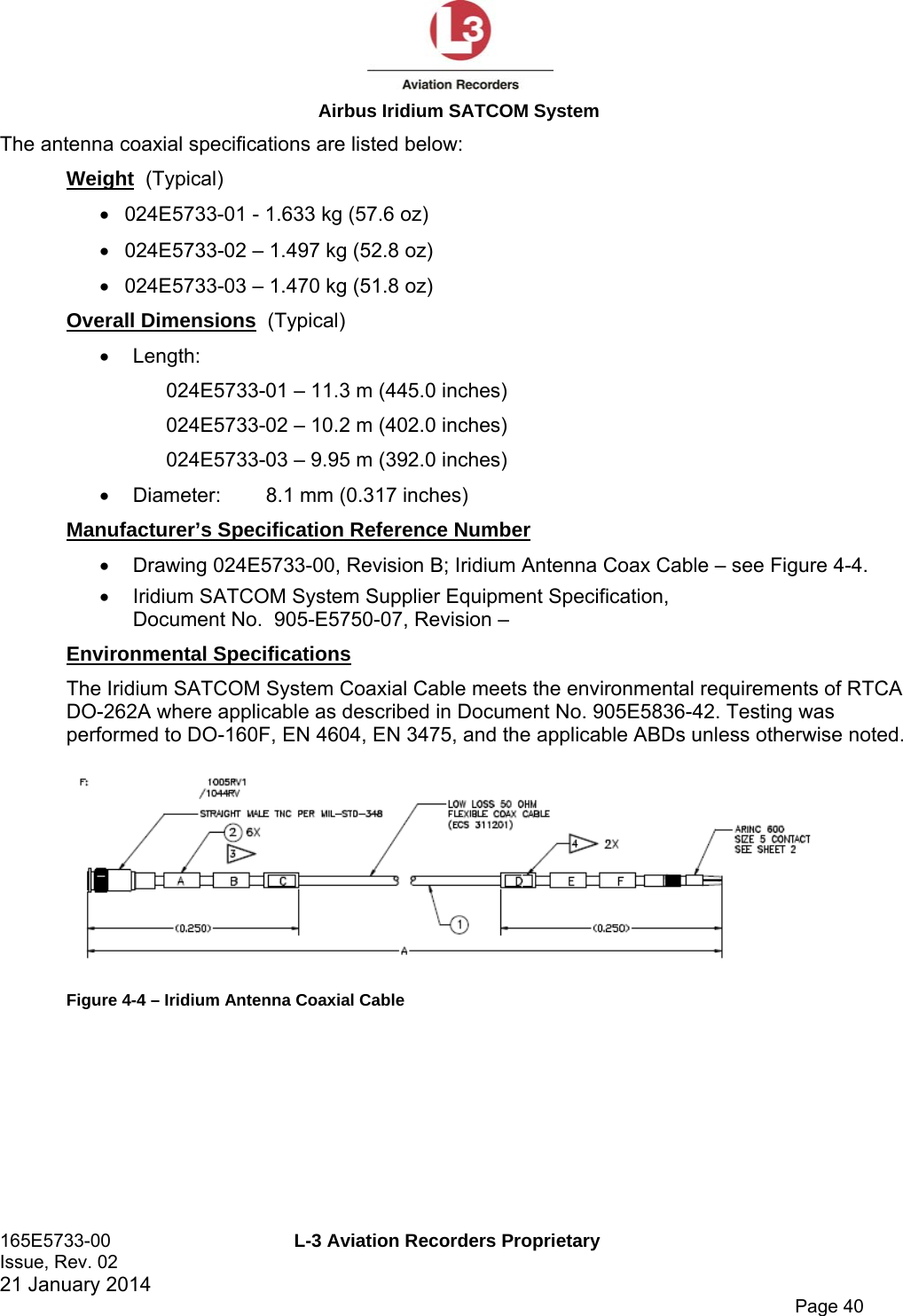  Airbus Iridium SATCOM System 165E5733-00  L-3 Aviation Recorders Proprietary Issue, Rev. 02   21 January 2014      Page 40 The antenna coaxial specifications are listed below: Weight  (Typical)   024E5733-01 - 1.633 kg (57.6 oz)   024E5733-02 – 1.497 kg (52.8 oz)   024E5733-03 – 1.470 kg (51.8 oz) Overall Dimensions  (Typical)  Length:   024E5733-01 – 11.3 m (445.0 inches) 024E5733-02 – 10.2 m (402.0 inches) 024E5733-03 – 9.95 m (392.0 inches)   Diameter:  8.1 mm (0.317 inches) Manufacturer’s Specification Reference Number   Drawing 024E5733-00, Revision B; Iridium Antenna Coax Cable – see Figure 4-4.    Iridium SATCOM System Supplier Equipment Specification,  Document No.  905-E5750-07, Revision –  Environmental Specifications The Iridium SATCOM System Coaxial Cable meets the environmental requirements of RTCA DO-262A where applicable as described in Document No. 905E5836-42. Testing was performed to DO-160F, EN 4604, EN 3475, and the applicable ABDs unless otherwise noted.    Figure 4-4 – Iridium Antenna Coaxial Cable    