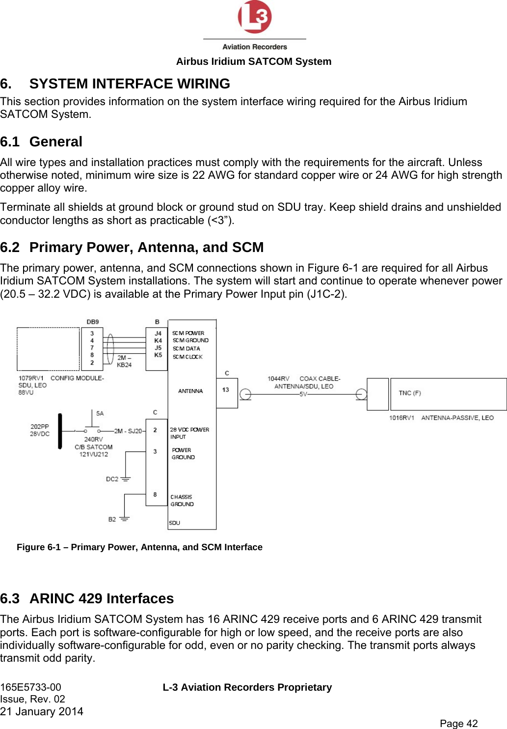  Airbus Iridium SATCOM System 165E5733-00  L-3 Aviation Recorders Proprietary Issue, Rev. 02   21 January 2014      Page 42 6.  SYSTEM INTERFACE WIRING This section provides information on the system interface wiring required for the Airbus Iridium SATCOM System. 6.1 General All wire types and installation practices must comply with the requirements for the aircraft. Unless otherwise noted, minimum wire size is 22 AWG for standard copper wire or 24 AWG for high strength copper alloy wire. Terminate all shields at ground block or ground stud on SDU tray. Keep shield drains and unshielded conductor lengths as short as practicable (&lt;3”). 6.2  Primary Power, Antenna, and SCM The primary power, antenna, and SCM connections shown in Figure 6-1 are required for all Airbus Iridium SATCOM System installations. The system will start and continue to operate whenever power (20.5 – 32.2 VDC) is available at the Primary Power Input pin (J1C-2).   Figure 6-1 – Primary Power, Antenna, and SCM Interface  6.3  ARINC 429 Interfaces The Airbus Iridium SATCOM System has 16 ARINC 429 receive ports and 6 ARINC 429 transmit ports. Each port is software-configurable for high or low speed, and the receive ports are also individually software-configurable for odd, even or no parity checking. The transmit ports always transmit odd parity. 