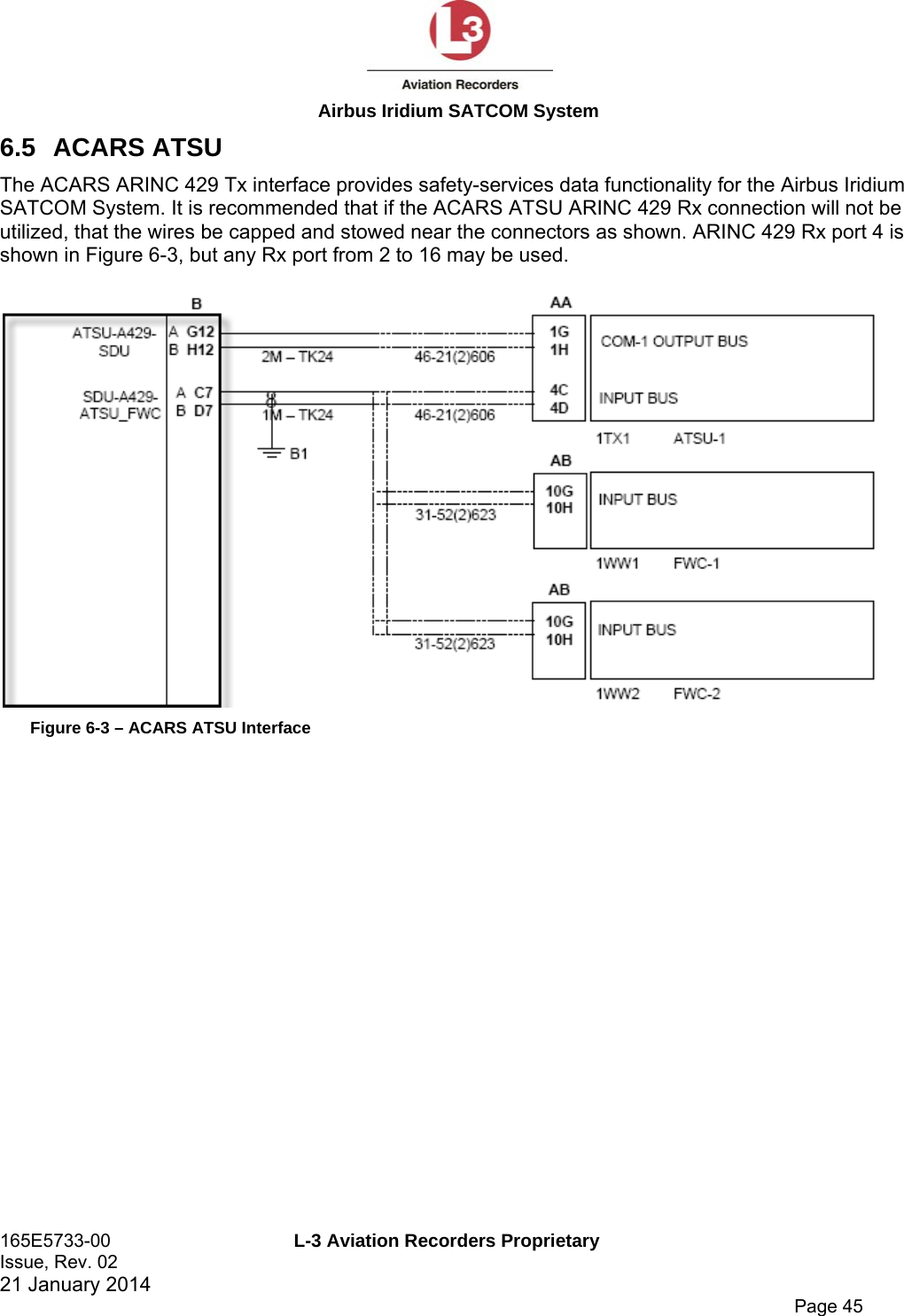  Airbus Iridium SATCOM System 165E5733-00  L-3 Aviation Recorders Proprietary Issue, Rev. 02   21 January 2014      Page 45 6.5 ACARS ATSU The ACARS ARINC 429 Tx interface provides safety-services data functionality for the Airbus Iridium SATCOM System. It is recommended that if the ACARS ATSU ARINC 429 Rx connection will not be utilized, that the wires be capped and stowed near the connectors as shown. ARINC 429 Rx port 4 is shown in Figure 6-3, but any Rx port from 2 to 16 may be used.   Figure 6-3 – ACARS ATSU Interface  