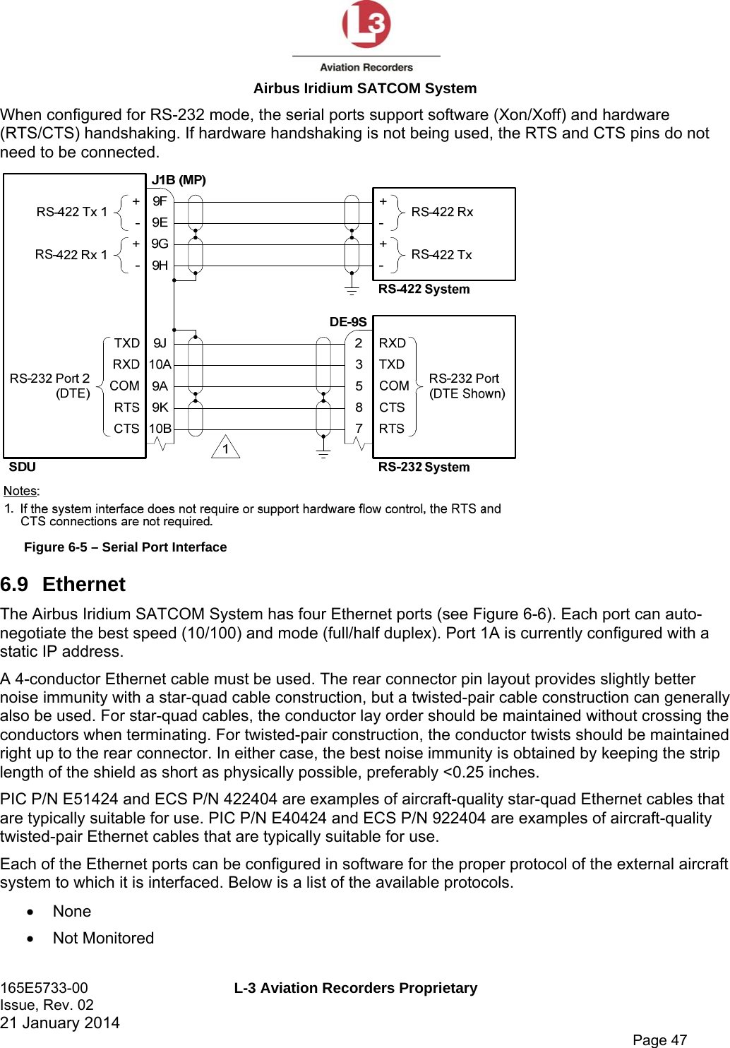  Airbus Iridium SATCOM System 165E5733-00  L-3 Aviation Recorders Proprietary Issue, Rev. 02   21 January 2014      Page 47 When configured for RS-232 mode, the serial ports support software (Xon/Xoff) and hardware (RTS/CTS) handshaking. If hardware handshaking is not being used, the RTS and CTS pins do not need to be connected.  Figure 6-5 – Serial Port Interface 6.9 Ethernet The Airbus Iridium SATCOM System has four Ethernet ports (see Figure 6-6). Each port can auto-negotiate the best speed (10/100) and mode (full/half duplex). Port 1A is currently configured with a static IP address. A 4-conductor Ethernet cable must be used. The rear connector pin layout provides slightly better noise immunity with a star-quad cable construction, but a twisted-pair cable construction can generally also be used. For star-quad cables, the conductor lay order should be maintained without crossing the conductors when terminating. For twisted-pair construction, the conductor twists should be maintained right up to the rear connector. In either case, the best noise immunity is obtained by keeping the strip length of the shield as short as physically possible, preferably &lt;0.25 inches. PIC P/N E51424 and ECS P/N 422404 are examples of aircraft-quality star-quad Ethernet cables that are typically suitable for use. PIC P/N E40424 and ECS P/N 922404 are examples of aircraft-quality twisted-pair Ethernet cables that are typically suitable for use. Each of the Ethernet ports can be configured in software for the proper protocol of the external aircraft system to which it is interfaced. Below is a list of the available protocols.  None  Not Monitored 