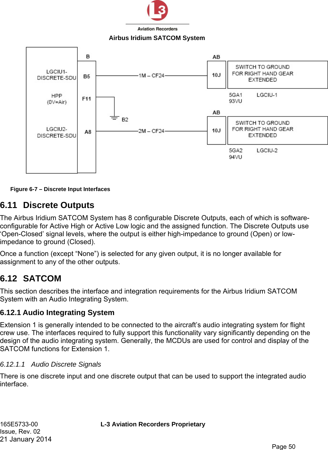  Airbus Iridium SATCOM System 165E5733-00  L-3 Aviation Recorders Proprietary Issue, Rev. 02   21 January 2014      Page 50  Figure 6-7 – Discrete Input Interfaces 6.11   Discrete Outputs The Airbus Iridium SATCOM System has 8 configurable Discrete Outputs, each of which is software-configurable for Active High or Active Low logic and the assigned function. The Discrete Outputs use ‘Open-Closed’ signal levels, where the output is either high-impedance to ground (Open) or low-impedance to ground (Closed). Once a function (except “None”) is selected for any given output, it is no longer available for assignment to any of the other outputs. 6.12   SATCOM This section describes the interface and integration requirements for the Airbus Iridium SATCOM System with an Audio Integrating System. 6.12.1 Audio Integrating System Extension 1 is generally intended to be connected to the aircraft’s audio integrating system for flight crew use. The interfaces required to fully support this functionality vary significantly depending on the design of the audio integrating system. Generally, the MCDUs are used for control and display of the SATCOM functions for Extension 1. 6.12.1.1  Audio Discrete Signals There is one discrete input and one discrete output that can be used to support the integrated audio interface.   