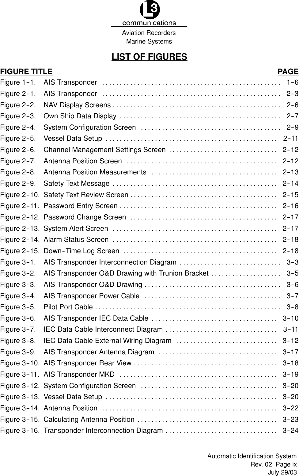 Marine SystemsAviation RecordersRev. 02 Page ixJuly 29/03Automatic Identification SystemLIST OF FIGURESFIGURE TITLE PAGEFigure 1--1. AIS Transponder 1--6...................................................Figure 2--1. AIS Transponder 2--3...................................................Figure 2--2. NAV Display Screens 2--6................................................Figure 2--3. Own Ship Data Display 2--7..............................................Figure 2--4. System Configuration Screen 2--9........................................Figure 2--5. Vessel Data Setup 2--11.................................................Figure 2--6. Channel Management Settings Screen 2--12...............................Figure 2--7. Antenna Position Screen 2--12...........................................Figure 2--8. Antenna Position Measurements 2--13....................................Figure 2--9. Safety Text Message 2--14...............................................Figure 2--10. Safety Text Review Screen 2--15..........................................Figure 2--11. Password Entry Screen 2--16.............................................Figure 2--12. Password Change Screen 2--17..........................................Figure 2--13. System Alert Screen 2--17...............................................Figure 2--14. Alarm Status Screen 2--18...............................................Figure 2--15. Down--Time Log Screen 2--18............................................Figure 3--1. AIS Transponder Interconnection Diagram 3--3.............................Figure 3--2. AIS Transponder O&amp;D Drawing with Trunion Bracket 3--5....................Figure 3--3. AIS Transponder O&amp;D Drawing 3--6.......................................Figure 3--4. AIS Transponder Power Cable 3--7.......................................Figure 3--5. Pilot Port Cable 3--8.....................................................Figure 3--6. AIS Transponder IEC Data Cable 3--10....................................Figure 3--7. IEC Data Cable Interconnect Diagram 3--11................................Figure 3--8. IEC Data Cable External Wiring Diagram 3--12.............................Figure 3--9. AIS Transponder Antenna Diagram 3--17..................................Figure 3--10. AIS Transponder Rear View 3--18.........................................Figure 3--11. AIS Transponder MKD 3--19.............................................Figure 3--12. System Configuration Screen 3--20.......................................Figure 3--13. Vessel Data Setup 3--20.................................................Figure 3--14. Antenna Position 3--22..................................................Figure 3--15. Calculating Antenna Position 3--23........................................Figure 3--16. Transponder Interconnection Diagram 3--24................................