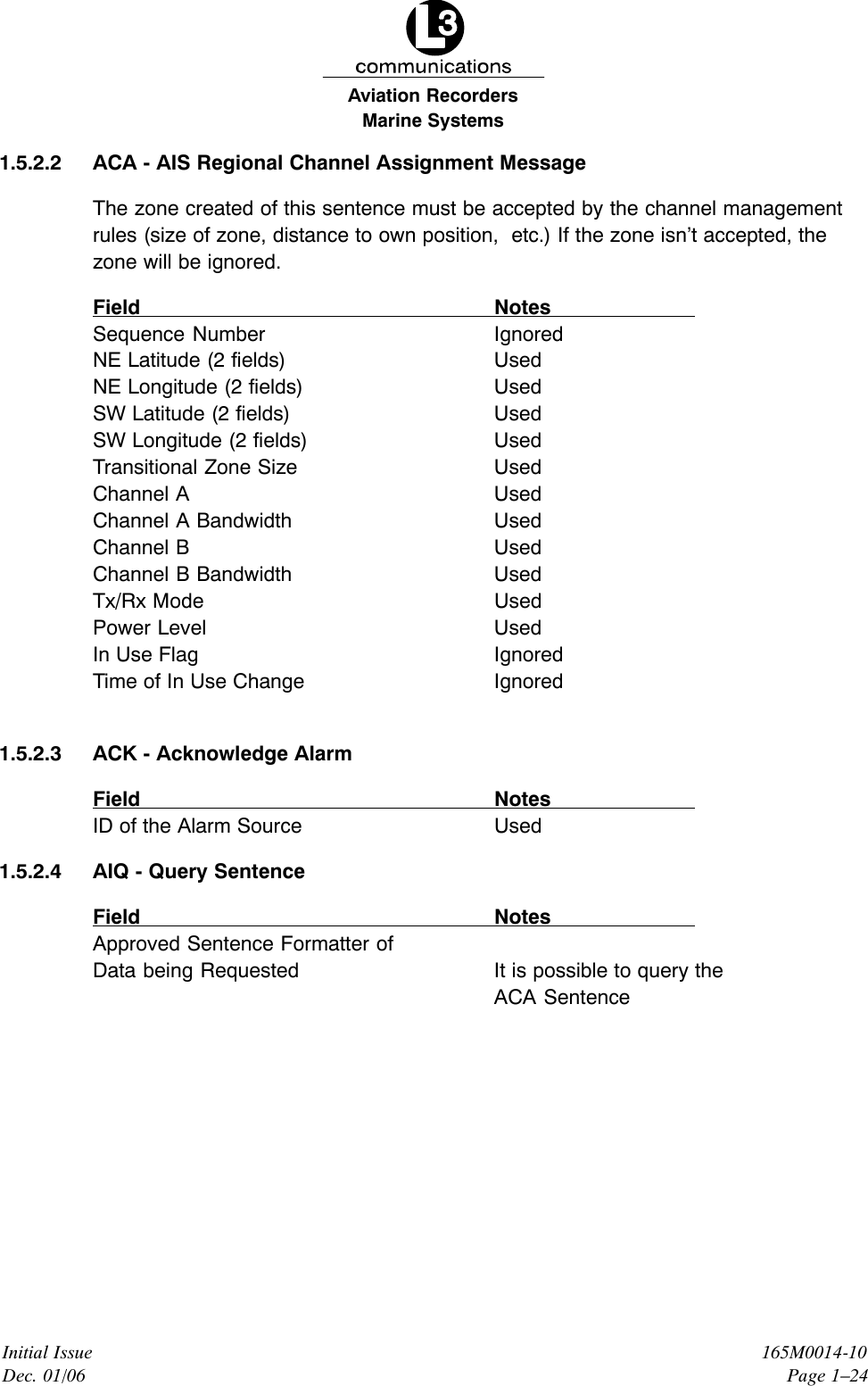 Marine SystemsAviation RecordersInitial IssueDec. 01/06165M0014-10Page 1–241.5.2.2 ACA - AIS Regional Channel Assignment MessageThe zone created of this sentence must be accepted by the channel managementrules (size of zone, distance to own position,  etc.) If the zone isn’t accepted, thezone will be ignored.Field NotesSequence Number IgnoredNE Latitude (2 fields) UsedNE Longitude (2 fields) UsedSW Latitude (2 fields) UsedSW Longitude (2 fields) UsedTransitional Zone Size UsedChannel A UsedChannel A Bandwidth UsedChannel B UsedChannel B Bandwidth UsedTx/Rx Mode UsedPower Level UsedIn Use Flag IgnoredTime of In Use Change Ignored1.5.2.3 ACK - Acknowledge AlarmField NotesID of the Alarm Source Used1.5.2.4 AIQ - Query SentenceField NotesApproved Sentence Formatter ofData being Requested It is possible to query theACA Sentence