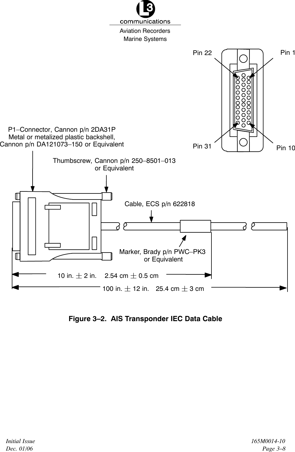 Marine SystemsAviation RecordersInitial IssueDec. 01/06165M0014-10Page 3–8P1–Connector, Cannon p/n 2DA31PMetal or metalized plastic backshell,Cannon p/n DA121073–150 or EquivalentThumbscrew, Cannon p/n 250–8501–013or EquivalentCable, ECS p/n 622818Marker, Brady p/n PWC–PK3 or EquivalentPin 1Pin 10Pin 31Pin 22100 in.  12 in. 25.4 cm  3 cm10 in.  2 in. 2.54 cm  0.5 cmFigure 3–2.  AIS Transponder IEC Data Cable