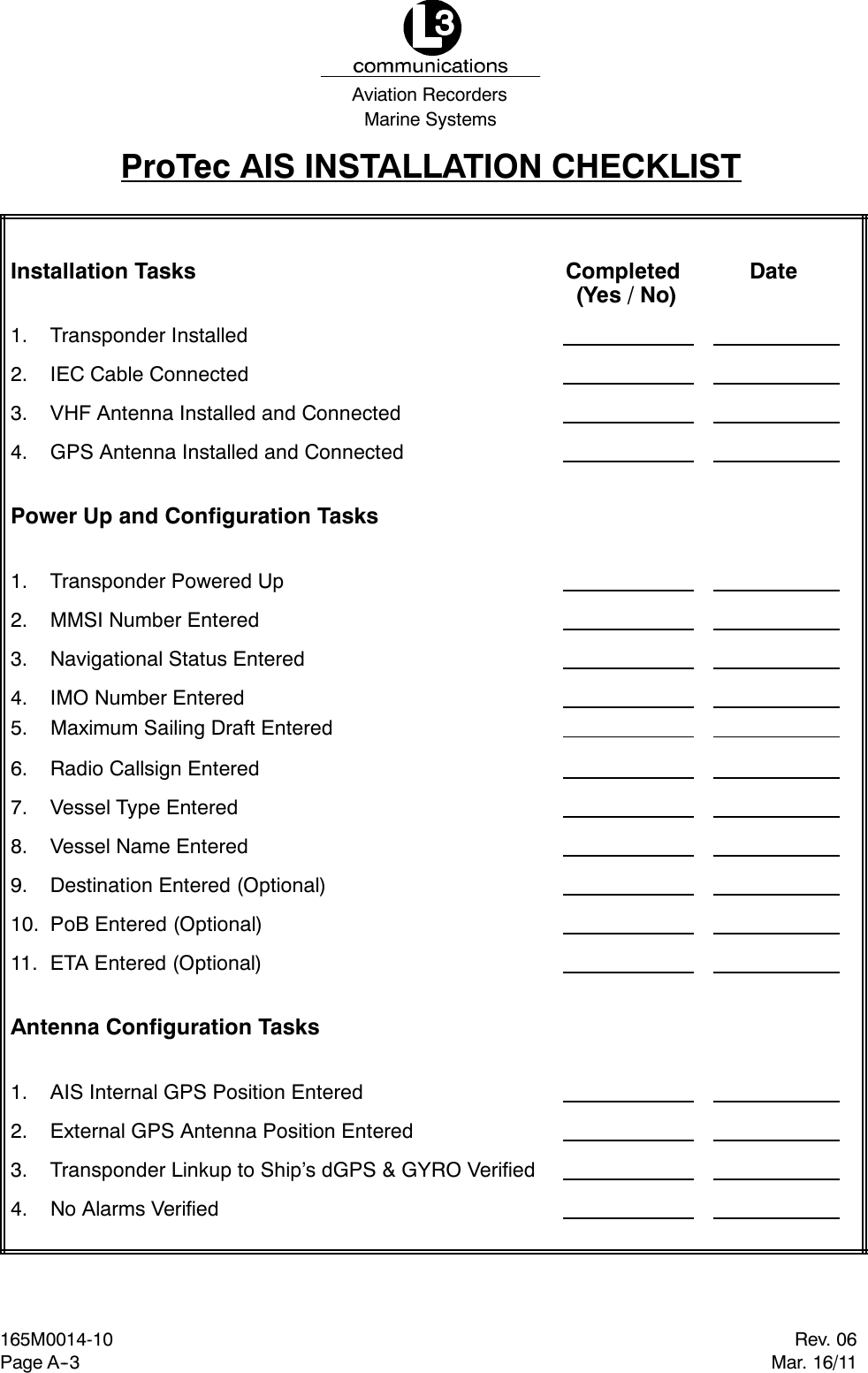 Marine SystemsAviation RecordersRev. 06Mar. 16/11165M0014-10Page A--3ProTec AIS INSTALLATION CHECKLISTInstallation Tasks Completed(Yes / No)Date1. Transponder Installed2. IEC Cable Connected3. VHF Antenna Installed and Connected4. GPS Antenna Installed and ConnectedPower Up and Configuration Tasks1. Transponder Powered Up2. MMSI Number Entered3. Navigational Status Entered4. IMO Number Entered5. Maximum Sailing Draft Entered6. Radio Callsign Entered7. Vessel Type Entered8. Vessel Name Entered9. Destination Entered (Optional)10. PoB Entered (Optional)11. ETA Entered (Optional)Antenna Configuration Tasks1. AIS Internal GPS Position Entered2. External GPS Antenna Position Entered3. Transponder Linkup to Ship’s dGPS &amp; GYRO Verified4. No Alarms Verified