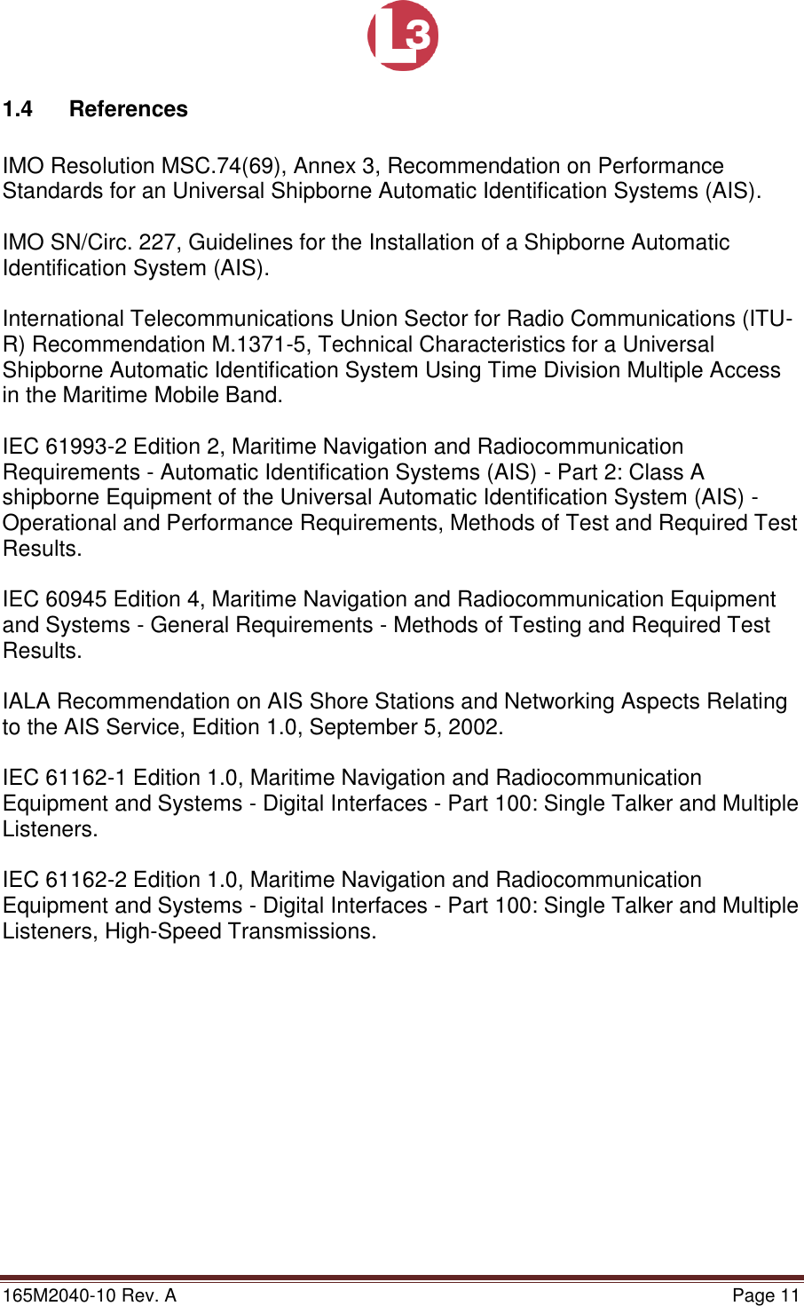 Page 11 of L3 Technologies AISA6 Shipboard Mobile AIS User Manual Memory Verification Procedure