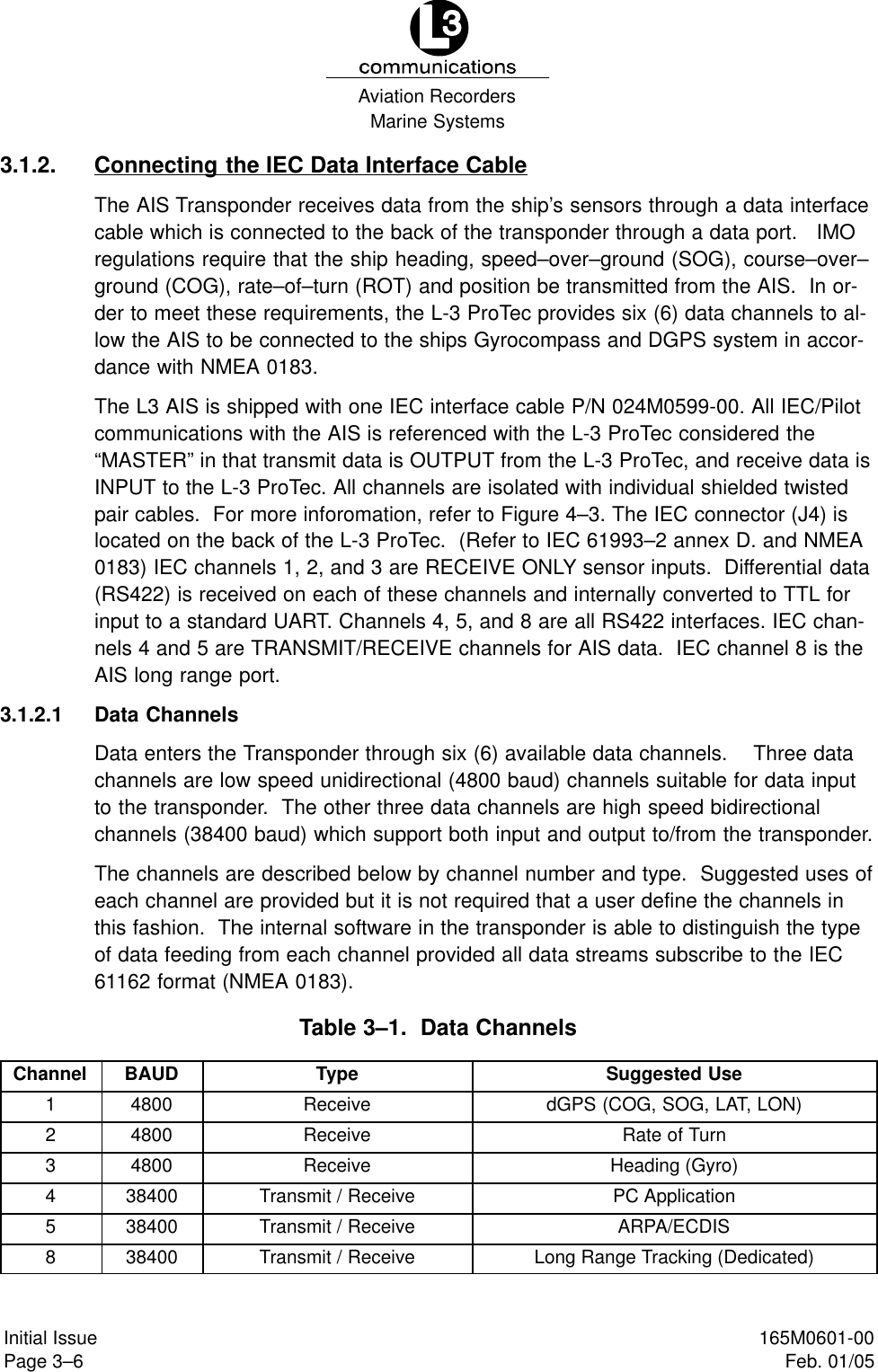 Marine SystemsAviation RecordersPage 3–6Initial Issue 165M0601-00Feb. 01/053.1.2. Connecting the IEC Data Interface CableThe AIS Transponder receives data from the ship’s sensors through a data interfacecable which is connected to the back of the transponder through a data port.   IMOregulations require that the ship heading, speed–over–ground (SOG), course–over–ground (COG), rate–of–turn (ROT) and position be transmitted from the AIS.  In or-der to meet these requirements, the L-3 ProTec provides six (6) data channels to al-low the AIS to be connected to the ships Gyrocompass and DGPS system in accor-dance with NMEA 0183.The L3 AIS is shipped with one IEC interface cable P/N 024M0599-00. All IEC/Pilotcommunications with the AIS is referenced with the L-3 ProTec considered the“MASTER” in that transmit data is OUTPUT from the L-3 ProTec, and receive data isINPUT to the L-3 ProTec. All channels are isolated with individual shielded twistedpair cables.  For more inforomation, refer to Figure 4–3. The IEC connector (J4) islocated on the back of the L-3 ProTec.  (Refer to IEC 61993–2 annex D. and NMEA0183) IEC channels 1, 2, and 3 are RECEIVE ONLY sensor inputs.  Differential data(RS422) is received on each of these channels and internally converted to TTL forinput to a standard UART. Channels 4, 5, and 8 are all RS422 interfaces. IEC chan-nels 4 and 5 are TRANSMIT/RECEIVE channels for AIS data.  IEC channel 8 is theAIS long range port.3.1.2.1 Data ChannelsData enters the Transponder through six (6) available data channels.    Three datachannels are low speed unidirectional (4800 baud) channels suitable for data inputto the transponder.  The other three data channels are high speed bidirectionalchannels (38400 baud) which support both input and output to/from the transponder.The channels are described below by channel number and type.  Suggested uses ofeach channel are provided but it is not required that a user define the channels inthis fashion.  The internal software in the transponder is able to distinguish the typeof data feeding from each channel provided all data streams subscribe to the IEC61162 format (NMEA 0183).Table 3–1.  Data ChannelsChannel BAUD Type Suggested Use1 4800 Receive dGPS (COG, SOG, LAT, LON)2 4800 Receive Rate of Turn3 4800 Receive Heading (Gyro)4 38400 Transmit / Receive PC Application5 38400 Transmit / Receive ARPA/ECDIS8 38400 Transmit / Receive Long Range Tracking (Dedicated)