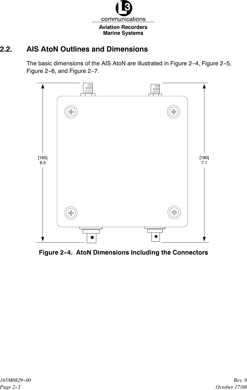 Marine SystemsAviation RecordersPage 2--3Rev. 9165M0829--00October 17/082.2. AIS AtoN Outlines and DimensionsThe basic dimensions of the AIS AtoN are illustrated in Figure 2--4, Figure 2--5,Figure 2--6, and Figure 2--7.[165]6.5[180]7.1Figure 2--4. AtoN Dimensions Including the Connectors
