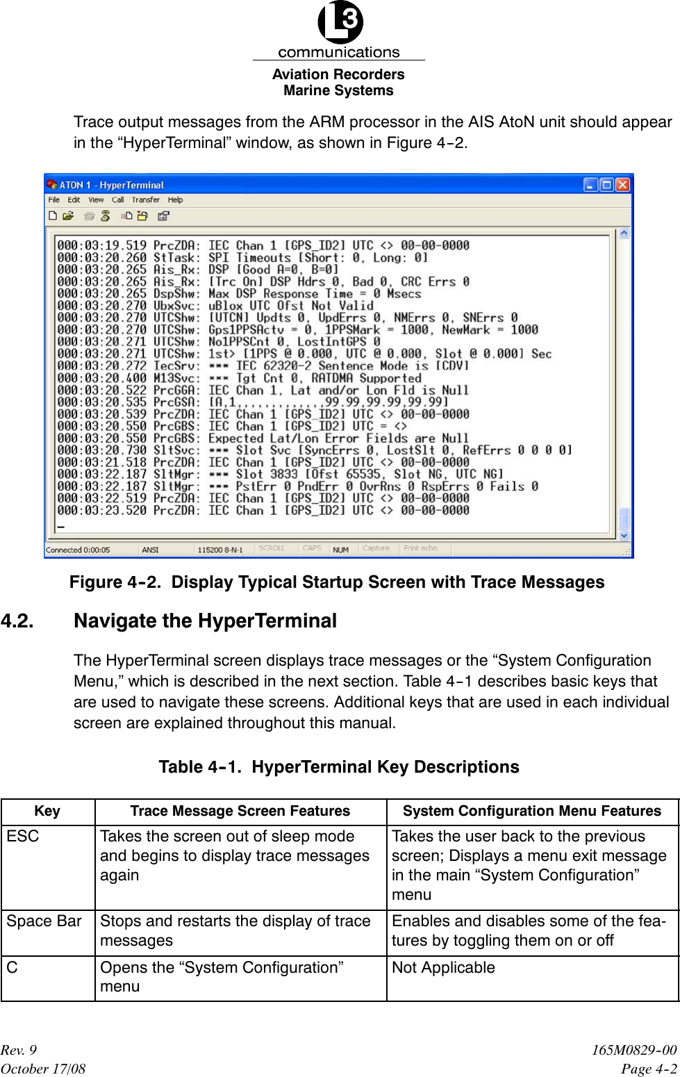 Marine SystemsAviation RecordersPage 4--2165M0829--00Rev. 9October 17/08Trace output messages from the ARM processor in the AIS AtoN unit should appearin the “HyperTerminal” window, as shown in Figure 4--2.Figure 4--2. Display Typical Startup Screen with Trace Messages4.2. Navigate the HyperTerminalThe HyperTerminal screen displays trace messages or the “System ConfigurationMenu,” which is described in the next section. Table 4--1 describes basic keys thatare used to navigate these screens. Additional keys that are used in each individualscreen are explained throughout this manual.Table 4--1. HyperTerminal Key DescriptionsKey Trace Message Screen Features System Configuration Menu FeaturesESC Takes the screen out of sleep modeand begins to display trace messagesagainTakes the user back to the previousscreen; Displays a menu exit messagein the main “System Configuration”menuSpace Bar Stops and restarts the display of tracemessagesEnables and disables some of the fea-tures by toggling them on or offCOpens the “System Configuration”menuNot Applicable