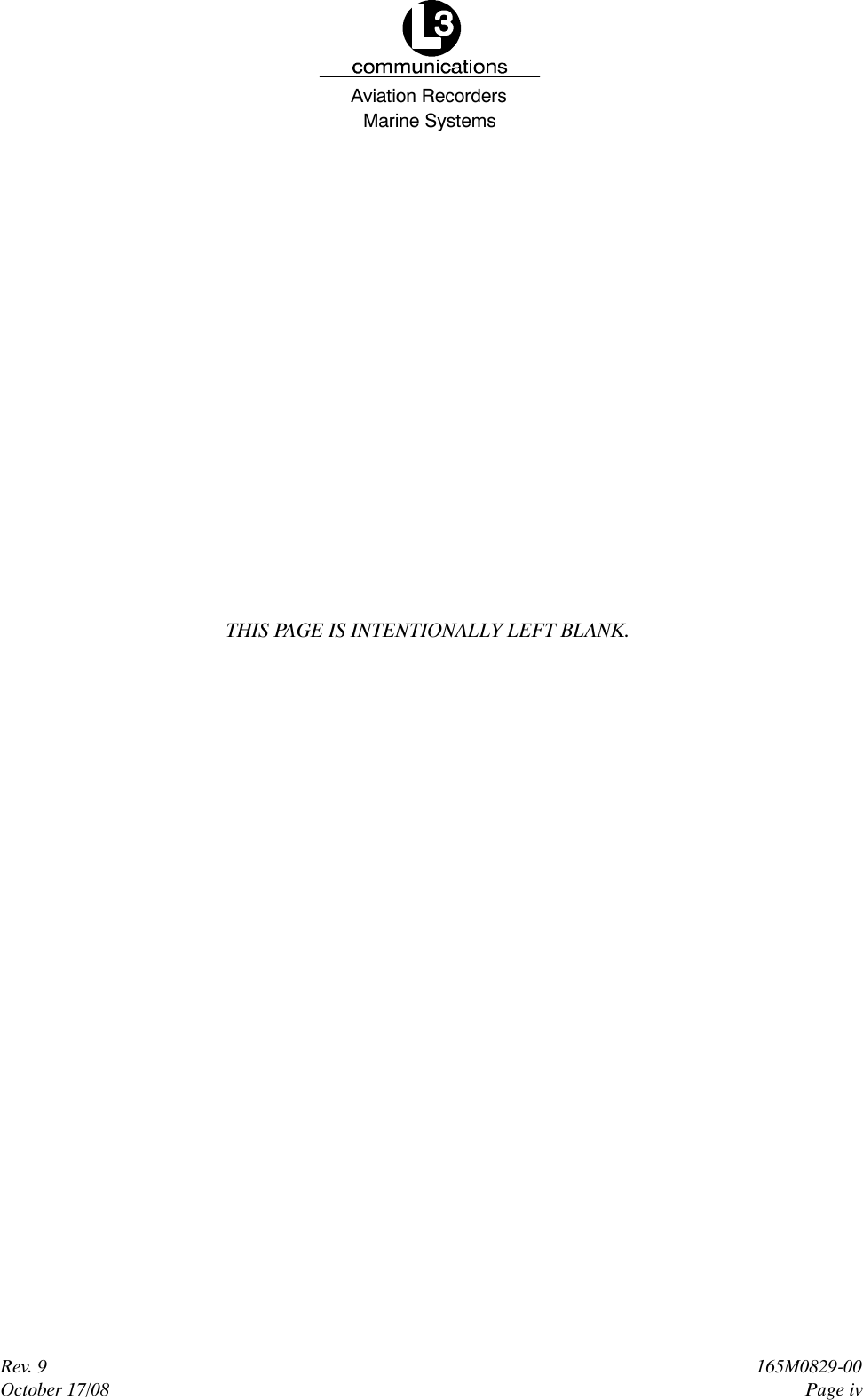 Marine SystemsAviation RecordersRev. 9October 17/08165M0829-00Page ivTHIS PAGE IS INTENTIONALLY LEFT BLANK.