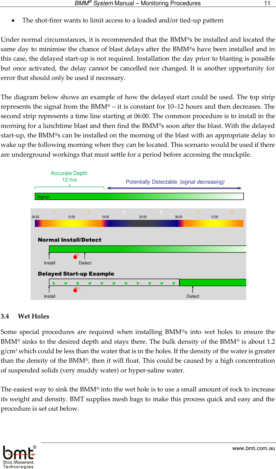  BMM® System Manual – Monitoring Procedures 11  www.bmt.com.au  The shot-firer wants to limit access to a loaded and/or tied-up pattern   Under normal circumstances, it is recommended that the BMM®s be installed and located the same day to minimise the chance of blast delays after the BMM®s have been installed and in this case, the delayed start-up is not required. Installation the day prior to blasting is possible but once activated, the delay cannot be cancelled nor changed. It is another opportunity for error that should only be used if necessary.  The diagram below shows an example of how the delayed start could be used. The top strip represents the signal from the BMM® – it is constant for 10–12 hours and then decreases. The second strip represents a time line starting at 06:00. The common procedure is to install in the morning for a lunchtime blast and then find the BMM®s soon after the blast. With the delayed start-up, the BMM®s can be installed on the morning of the blast with an appropriate delay to wake up the following morning when they can be located. This scenario would be used if there are underground workings that must settle for a period before accessing the muckpile.     3.4 Wet Holes Some  special  procedures  are  required  when  installing  BMM®s  into  wet  holes  to  ensure  the BMM® sinks to the desired depth and stays there. The bulk density of the BMM® is about 1.2 g/cm3 which could be less than the water that is in the holes. If the density of the water is greater than the density of the BMM®, then it will float. This could be caused by a high concentration of suspended solids (very muddy water) or hyper-saline water.   The easiest way to sink the BMM® into the wet hole is to use a small amount of rock to increase its weight and density. BMT supplies mesh bags to make this process quick and easy and the procedure is set out below.   SignalAccurate Depth12 hrsNormal Install/DetectInstall DetectDelayed Start-up ExampleInstall DetectPotentially Detectable (signal decreasing)06:00 12:00 00:0018:00 06:00 12:00   