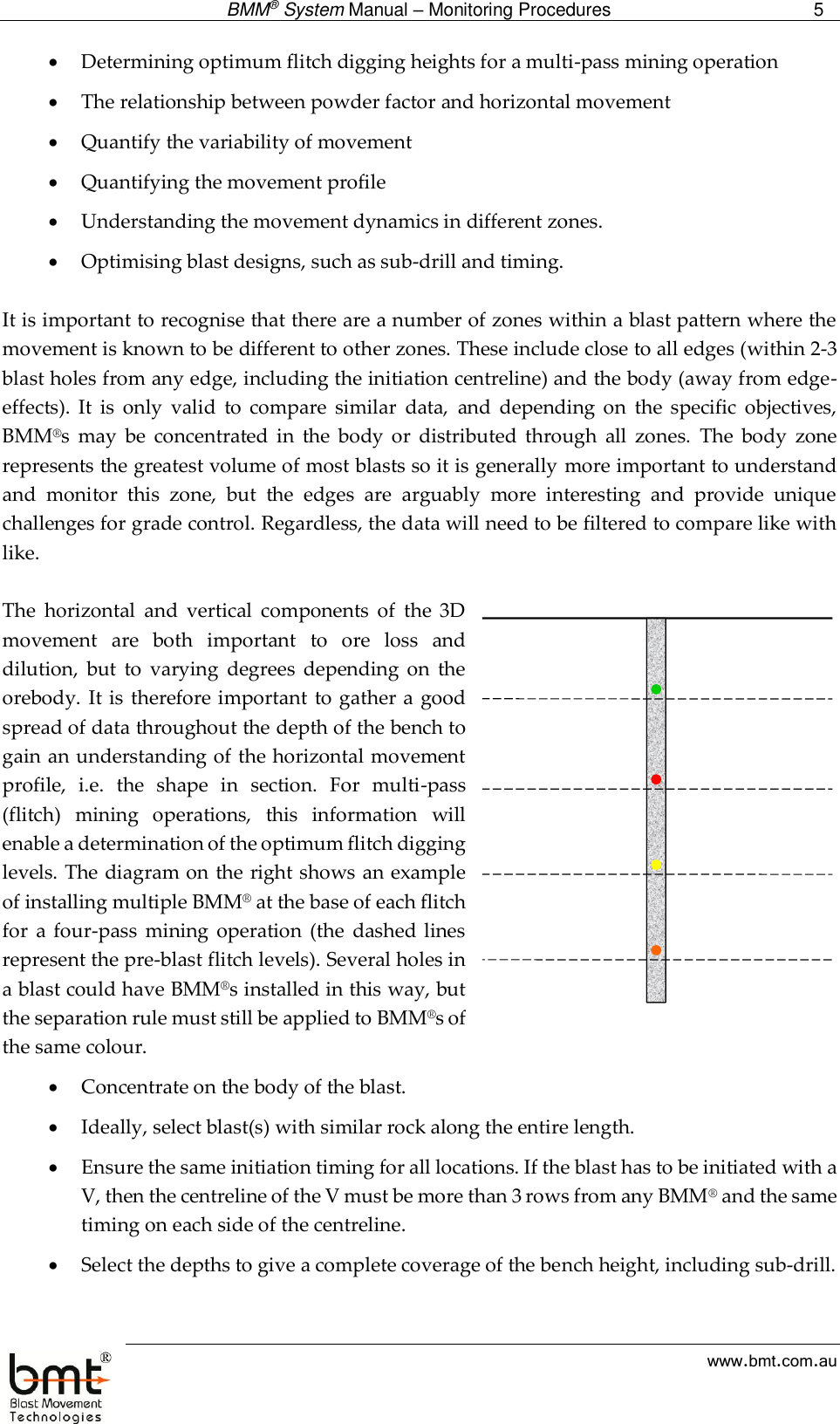  BMM® System Manual – Monitoring Procedures 5  www.bmt.com.au  Determining optimum flitch digging heights for a multi-pass mining operation  The relationship between powder factor and horizontal movement  Quantify the variability of movement  Quantifying the movement profile  Understanding the movement dynamics in different zones.  Optimising blast designs, such as sub-drill and timing.  It is important to recognise that there are a number of zones within a blast pattern where the movement is known to be different to other zones. These include close to all edges (within 2-3 blast holes from any edge, including the initiation centreline) and the body (away from edge-effects).  It  is  only  valid  to  compare  similar  data,  and  depending  on  the  specific  objectives, BMM®s  may  be  concentrated  in  the  body  or  distributed  through  all  zones.  The  body  zone represents the greatest volume of most blasts so it is generally more important to understand and  monitor  this  zone,  but  the  edges  are  arguably  more  interesting  and  provide  unique challenges for grade control. Regardless, the data will need to be filtered to compare like with like.   The  horizontal  and  vertical  components  of  the  3D movement  are  both  important  to  ore  loss  and dilution,  but  to  varying  degrees  depending  on  the orebody. It is therefore important  to gather  a good spread of data throughout the depth of the bench to gain an understanding of the horizontal movement profile,  i.e.  the  shape  in  section.  For  multi-pass (flitch)  mining  operations,  this  information  will enable a determination of the optimum flitch digging levels. The diagram on the right shows an example of installing multiple BMM® at the base of each flitch for  a  four-pass  mining  operation  (the  dashed  lines represent the pre-blast flitch levels). Several holes in a blast could have BMM®s installed in this way, but the separation rule must still be applied to BMM®s of the same colour.   Concentrate on the body of the blast.  Ideally, select blast(s) with similar rock along the entire length.   Ensure the same initiation timing for all locations. If the blast has to be initiated with a V, then the centreline of the V must be more than 3 rows from any BMM® and the same timing on each side of the centreline.   Select the depths to give a complete coverage of the bench height, including sub-drill.    