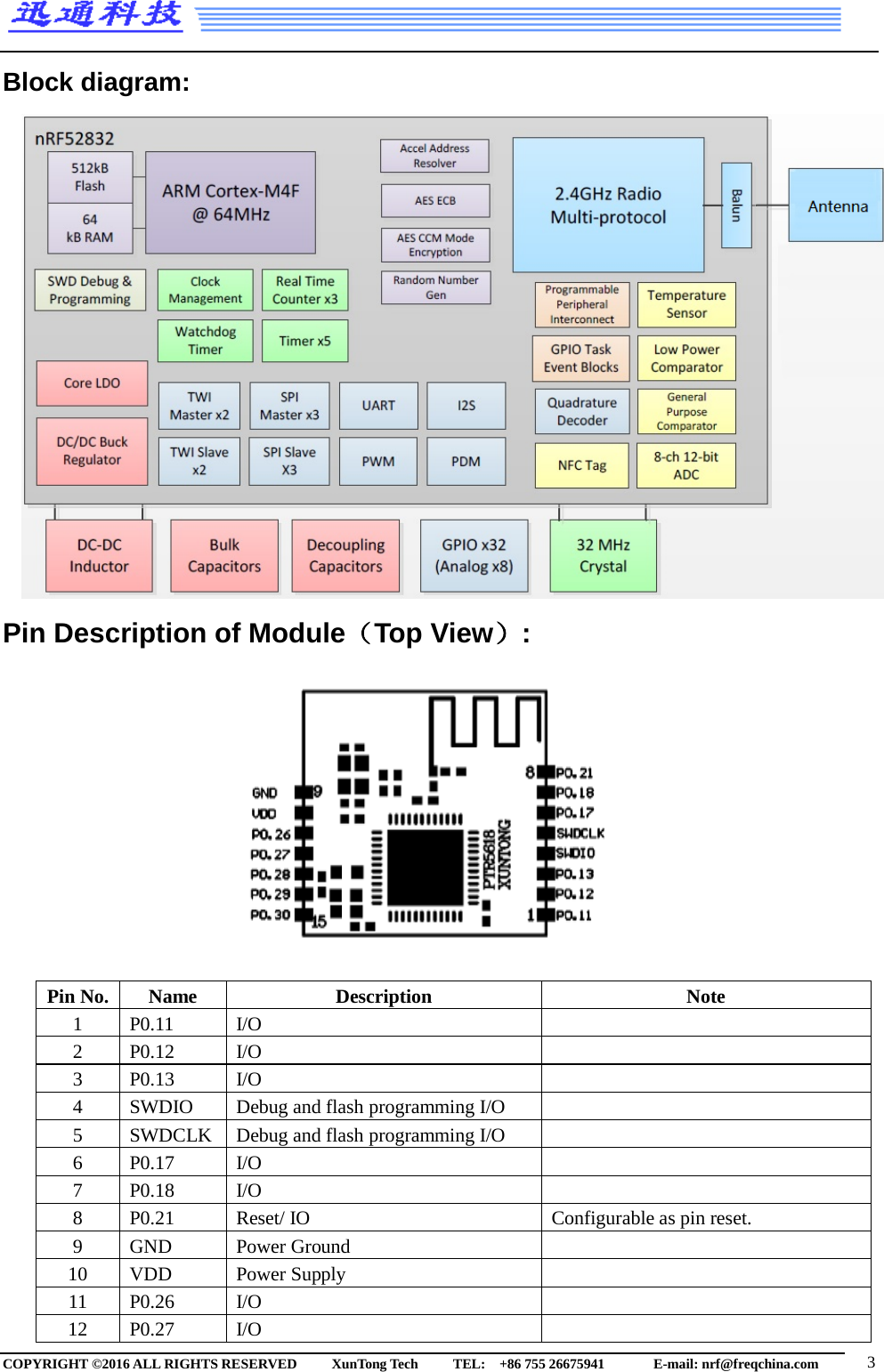  Block diagram:   Pin Description of Module（Top View）:            Pin No. Name Description Note 1 P0.11 I/O  2 P0.12 I/O  3 P0.13 I/O  4 SWDIO Debug and flash programming I/O  5 SWDCLK Debug and flash programming I/O  6 P0.17 I/O  7 P0.18   I/O  8 P0.21 Reset/ IO Configurable as pin reset.   9 GND Power Ground  10 VDD Power Supply  11 P0.26 I/O  12 P0.27 I/O  COPYRIGHT ©2016 ALL RIGHTS RESERVED      XunTong Tech     TEL:  +86 755 26675941        E-mail: nrf@freqchina.com   3 